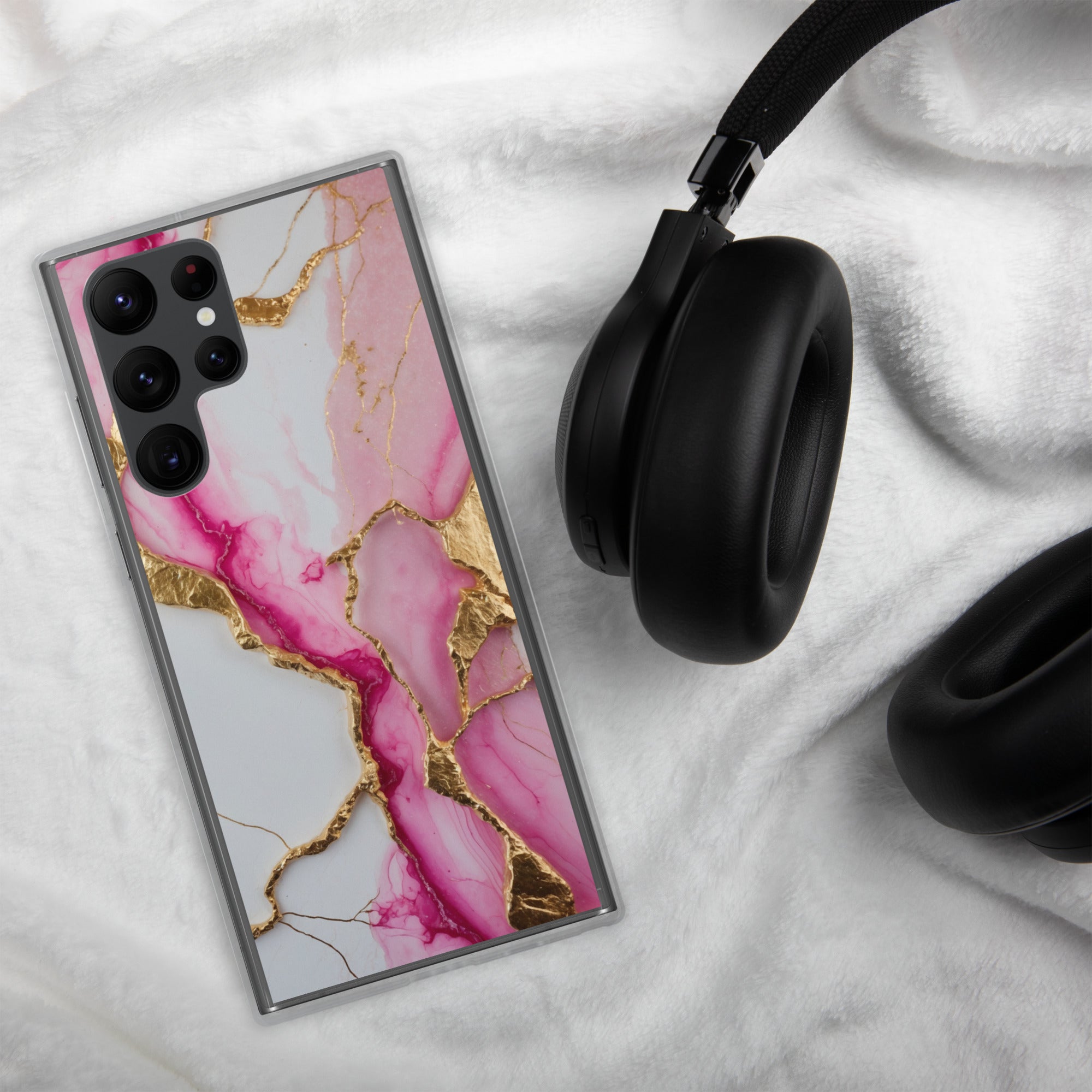 Pink Marble Gold Veins Clear Case for Samsung Galaxy S22 Ultra – Elegant Stone Protective Cover