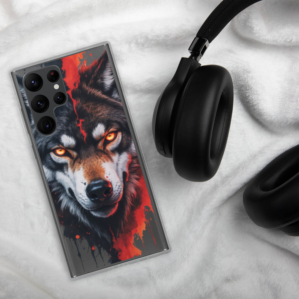 Fierce Wolf Portrait Clear Case for Samsung Galaxy S22 Ultra – Dark Animal Art Protective Cover
