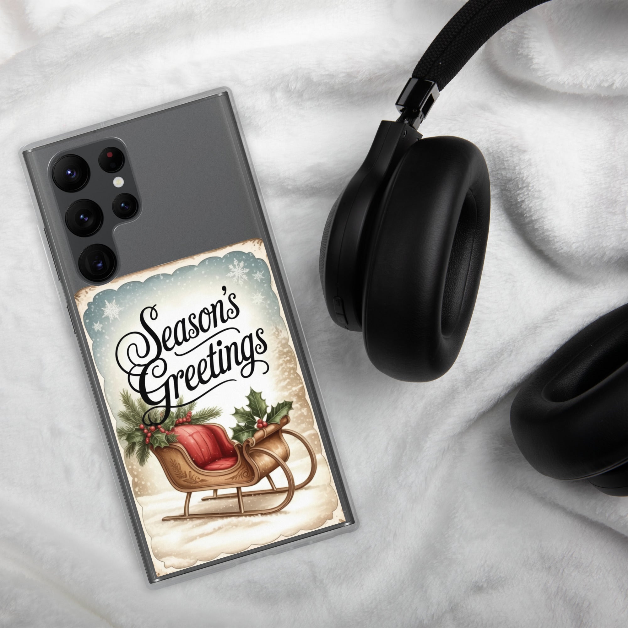 Season’s Greetings Sleigh Clear Case for Samsung Galaxy S22 Ultra – Vintage Christmas Protective Cover