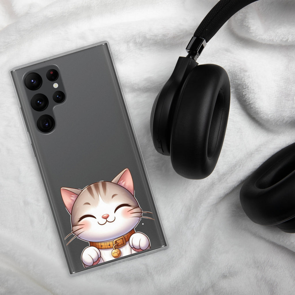 Cute Smiling Cat Clear Case for Samsung Galaxy S22 Ultra – Minimal Kawaii Protective Cover