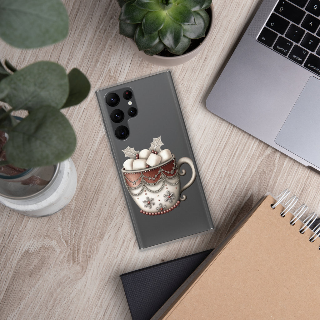 Festive Winter Mug Clear Case for Samsung Galaxy S22 Ultra – Cozy Holiday Hot Cocoa Protective Cover