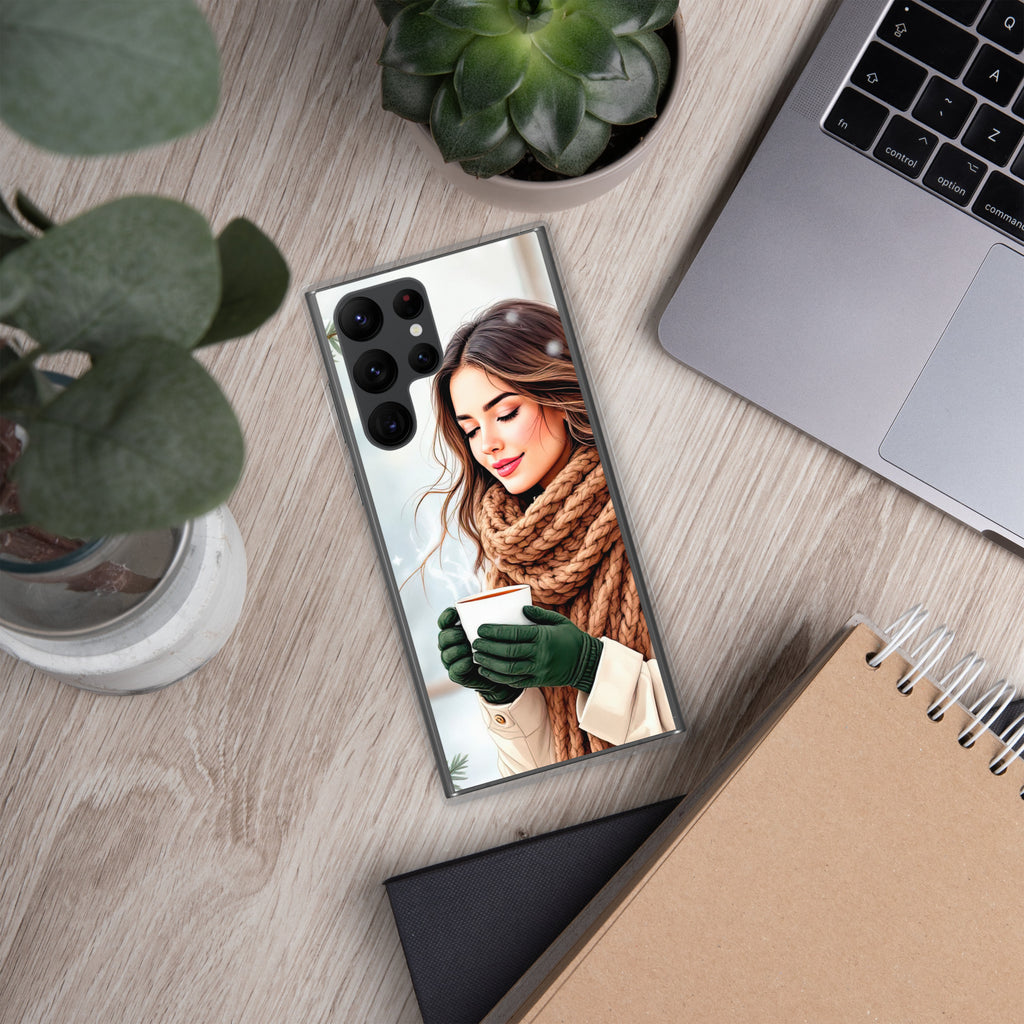 Winter Coffee Moment Clear Case for Samsung Galaxy S22 Ultra – Cozy Portrait Protective Cover