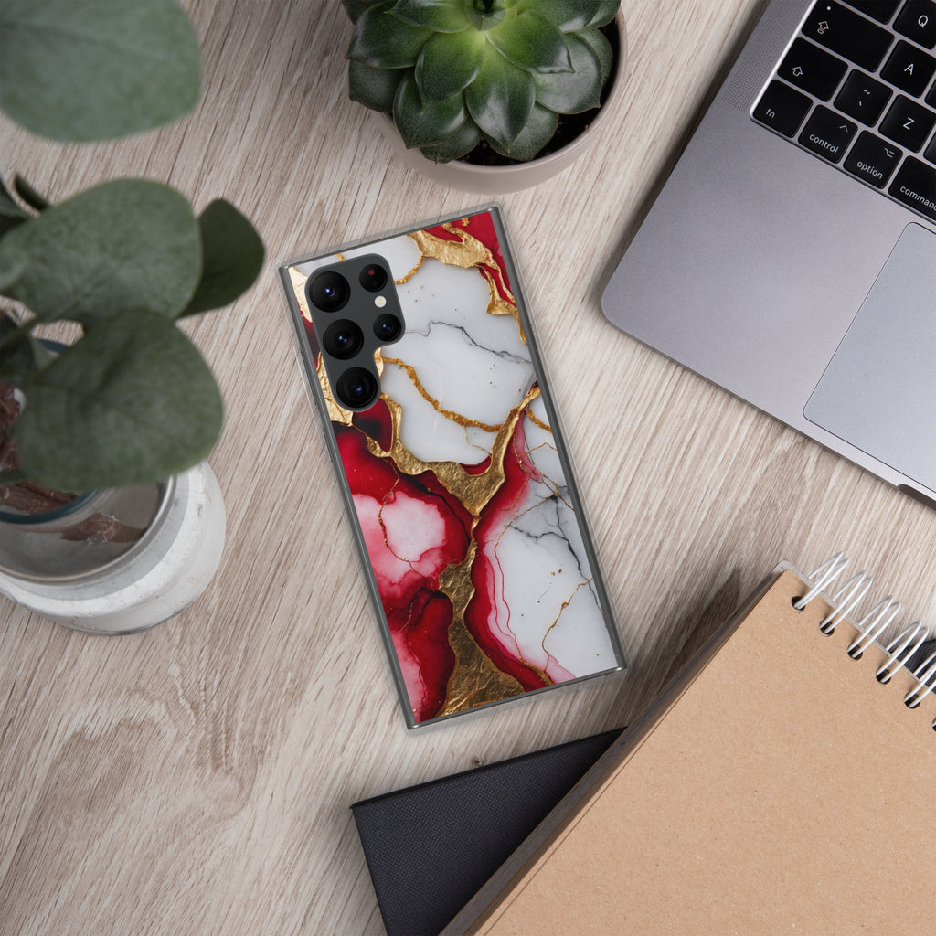 Red Marble Gold Veins Clear Case for Samsung Galaxy S22 Ultra – Luxury Abstract Protective Cover