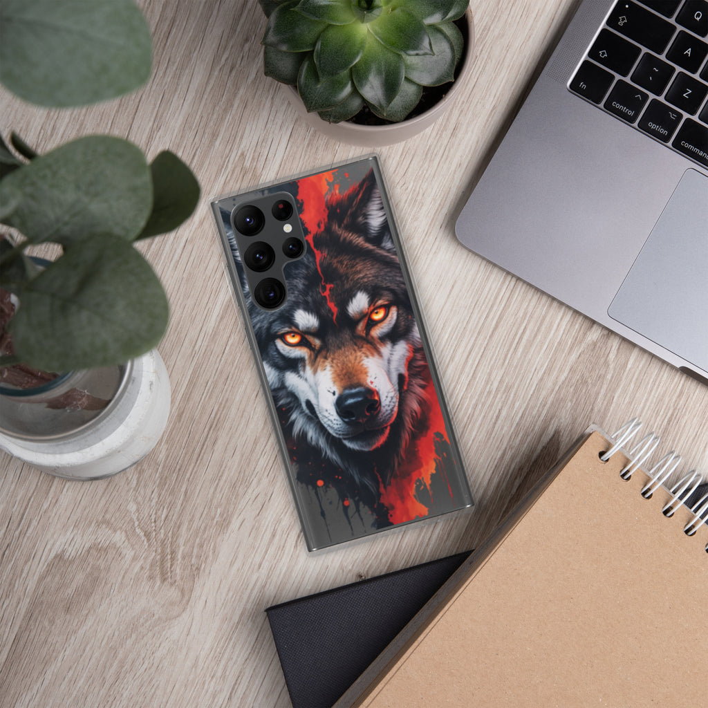 Fierce Wolf Portrait Clear Case for Samsung Galaxy S22 Ultra – Dark Animal Art Protective Cover