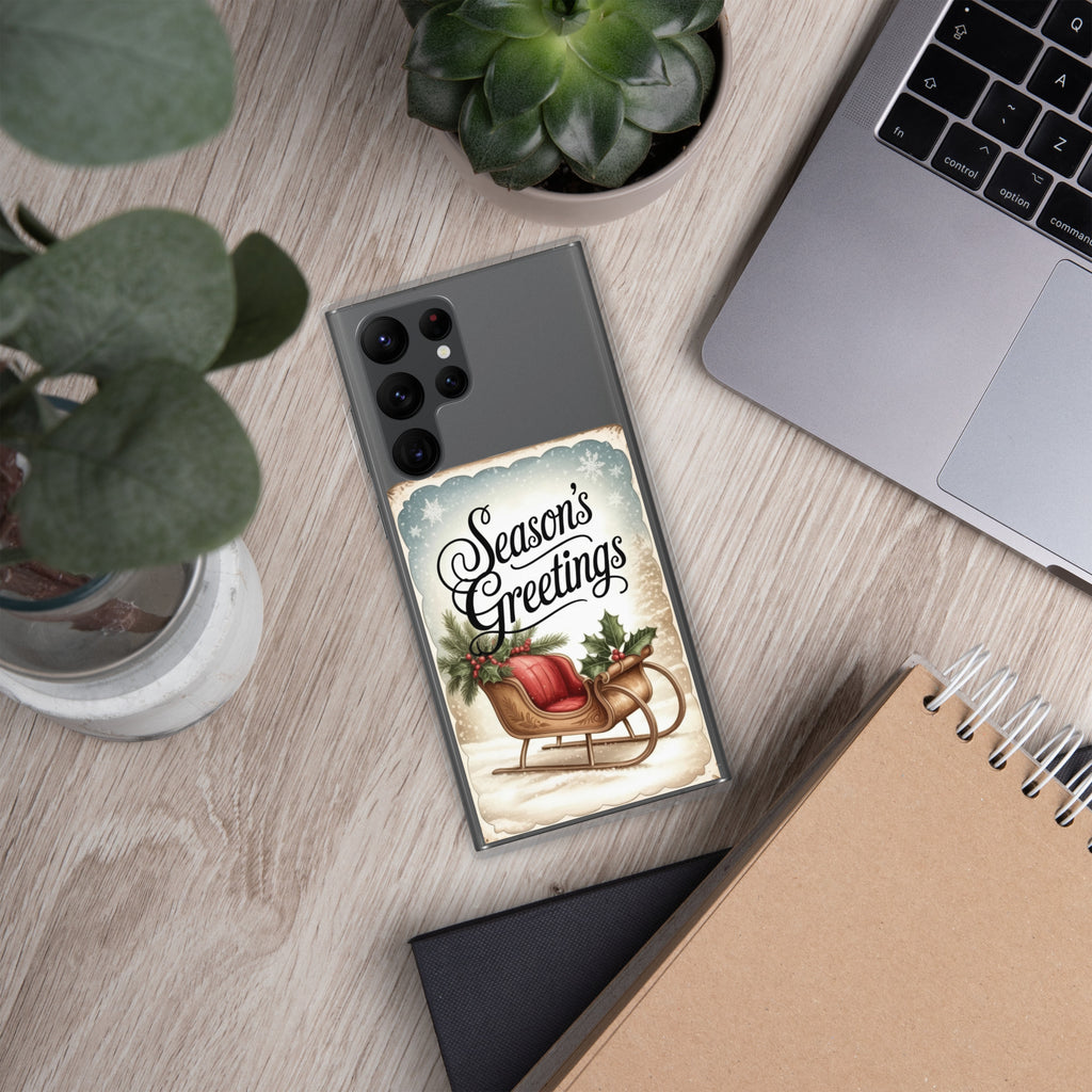 Season’s Greetings Sleigh Clear Case for Samsung Galaxy S22 Ultra – Vintage Christmas Protective Cover