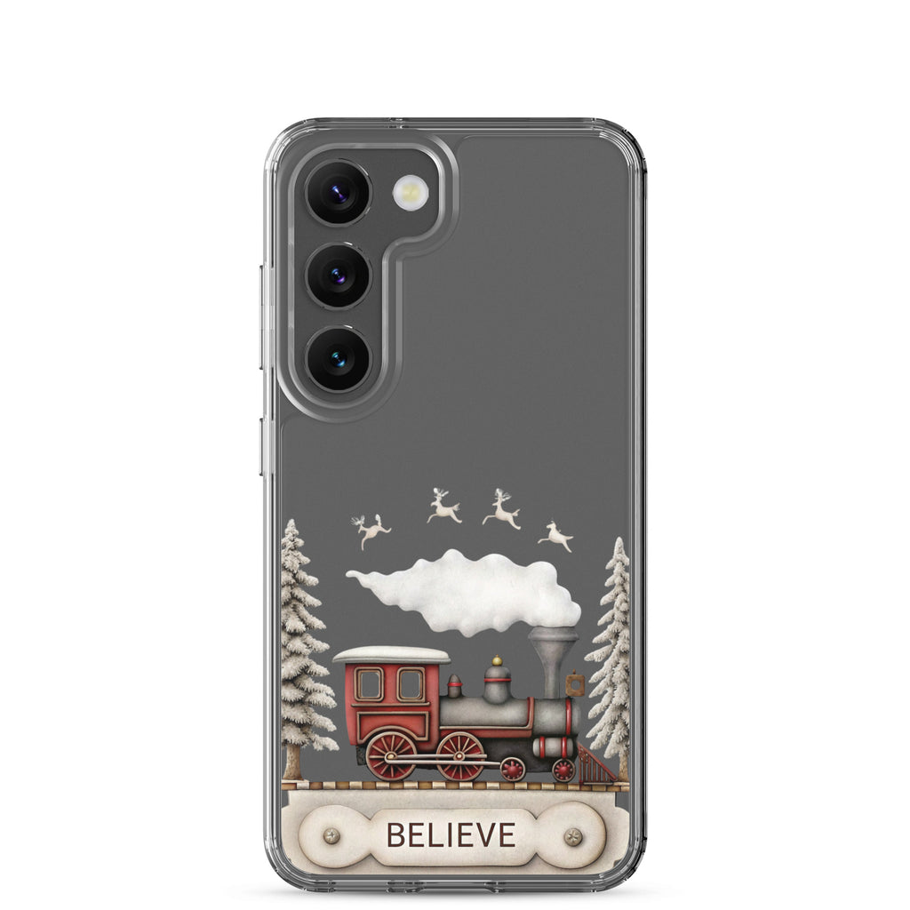 Believe Winter Train Clear Case for Samsung Galaxy S23 – Minimal Christmas Protective Cover