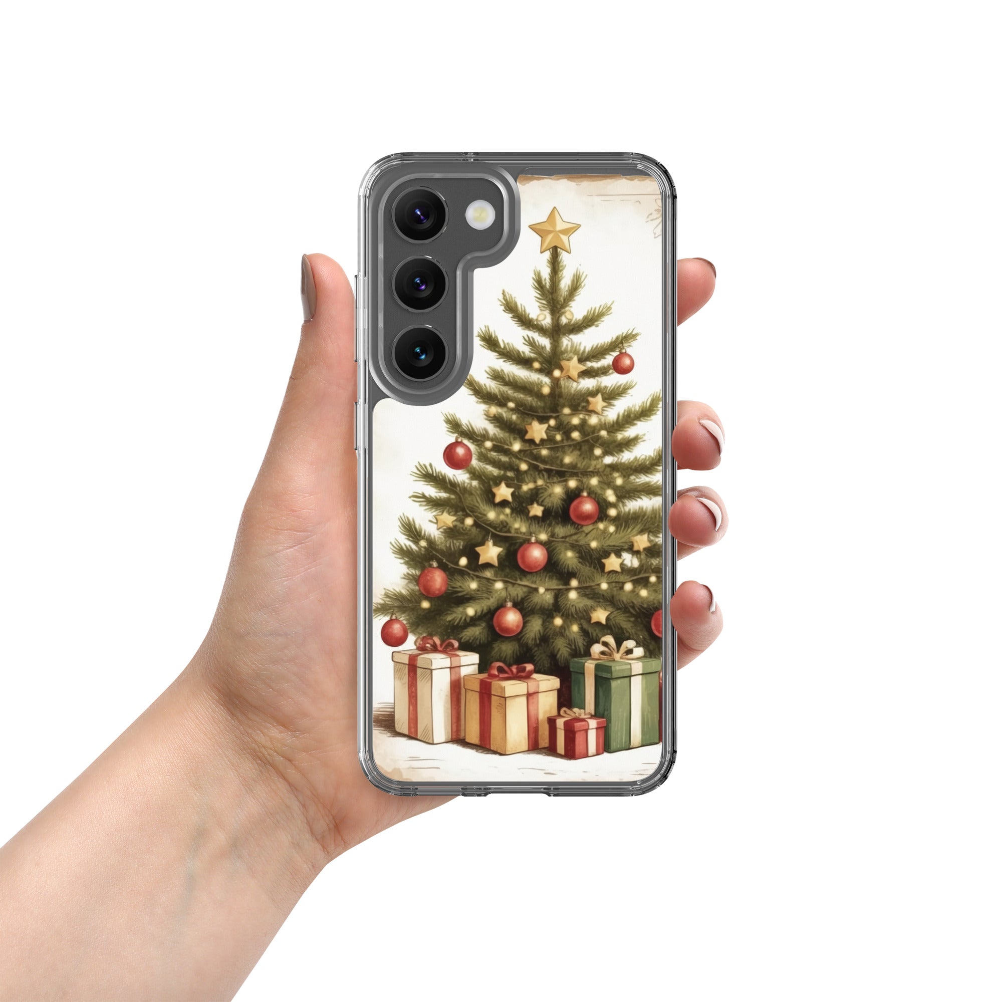 Christmas Tree with Gifts Clear Case for Samsung Galaxy S23 – Festive Holiday Protective Cover