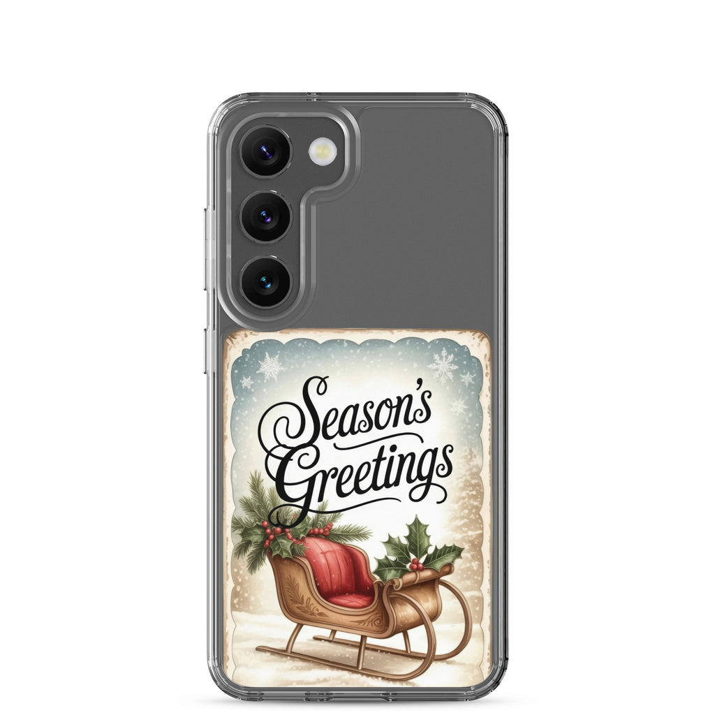Season’s Greetings Sleigh Clear Case for Samsung Galaxy S23 – Vintage Christmas Protective Cover