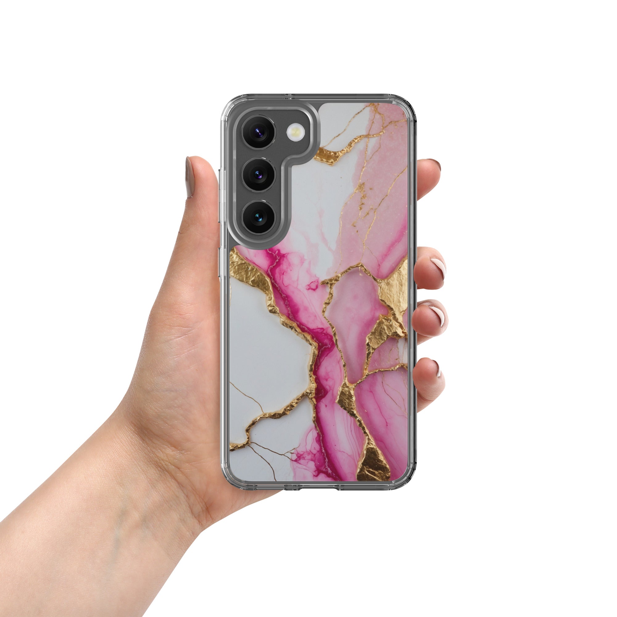 Pink Marble Gold Veins Clear Case for Samsung Galaxy S23 – Elegant Stone Protective Cover