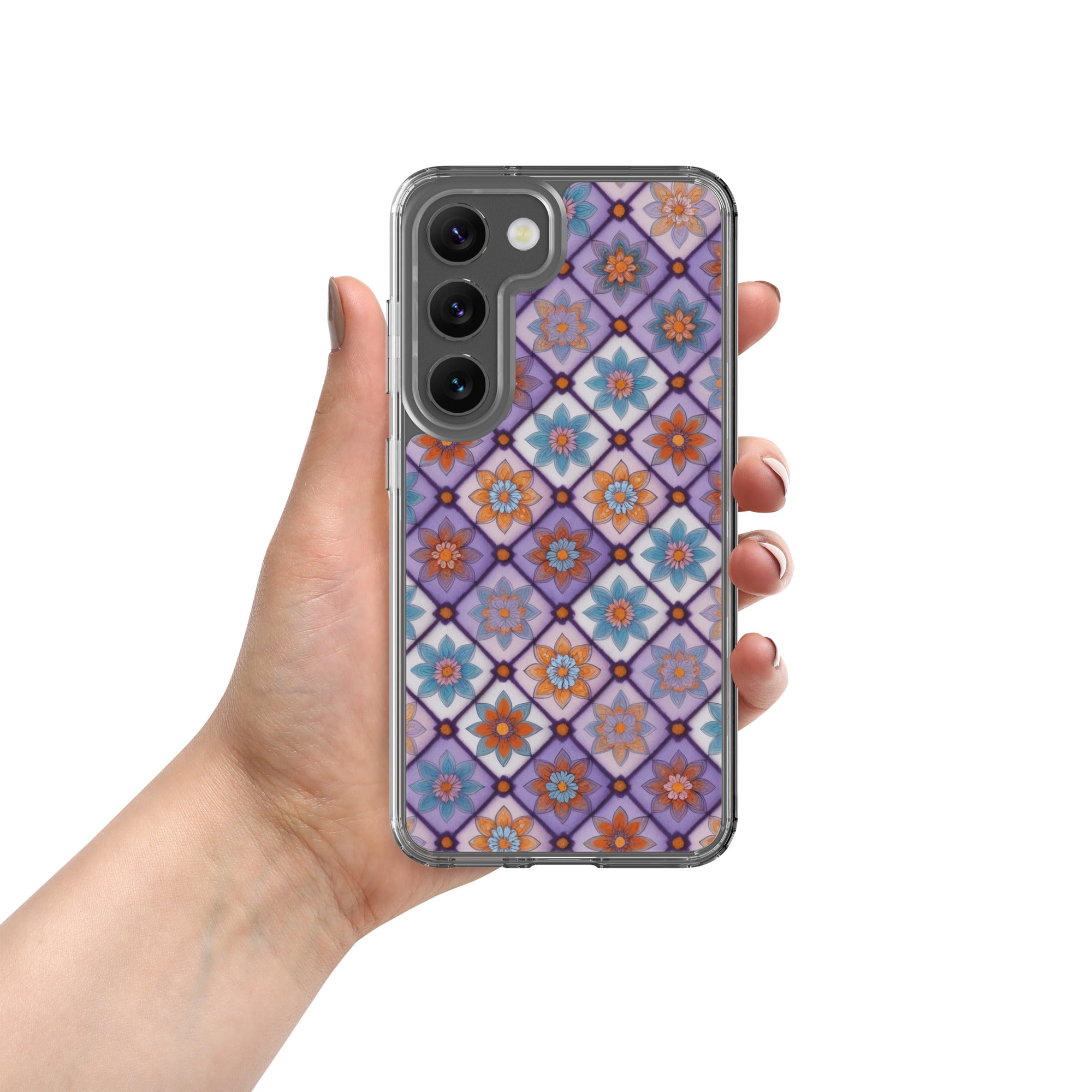Geometric Floral Pattern Clear Case for Samsung Galaxy S23 – Colorful Mosaic Protective Cover