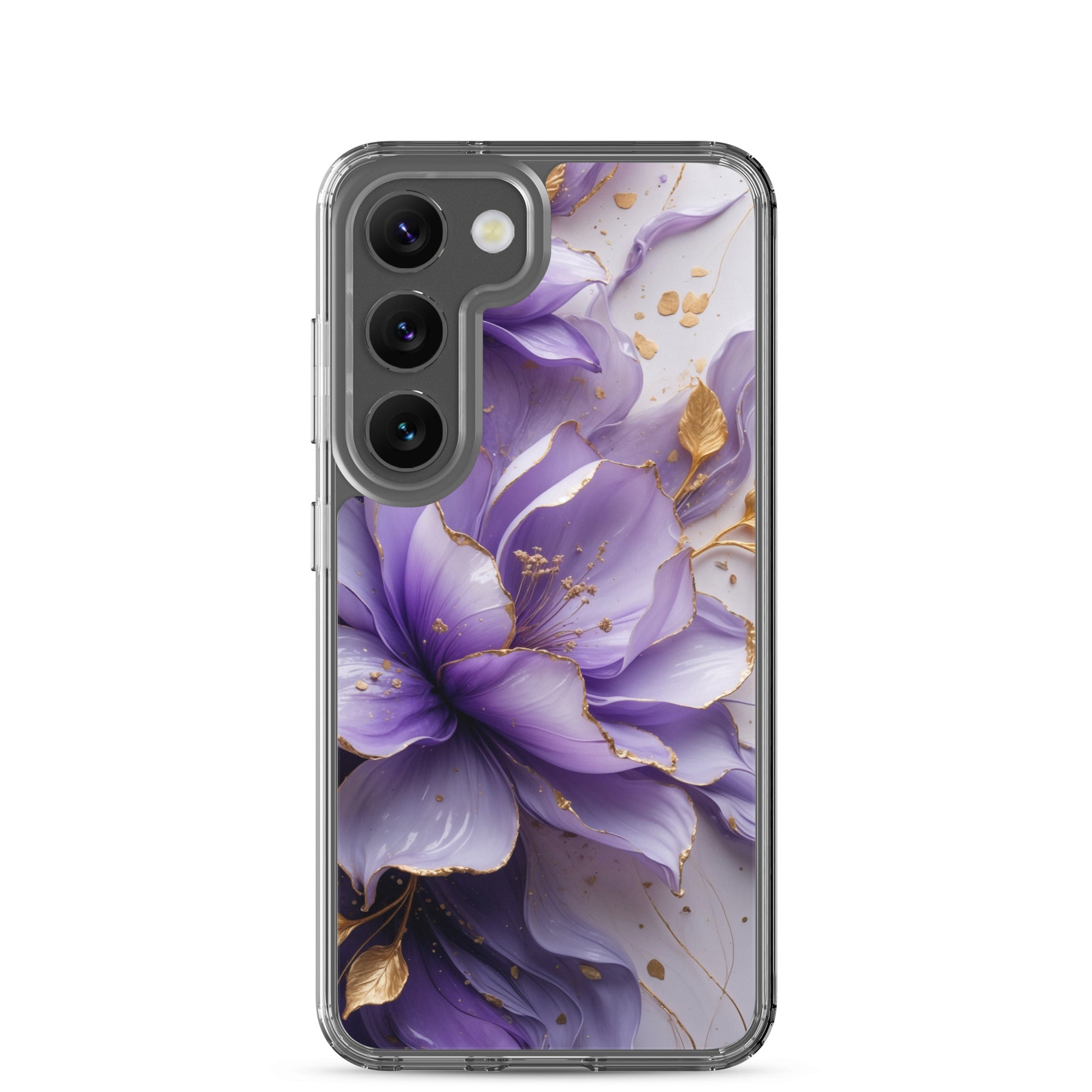 Purple Floral Gold Clear Case for Samsung Galaxy S23 – Elegant Flower Protective Cover