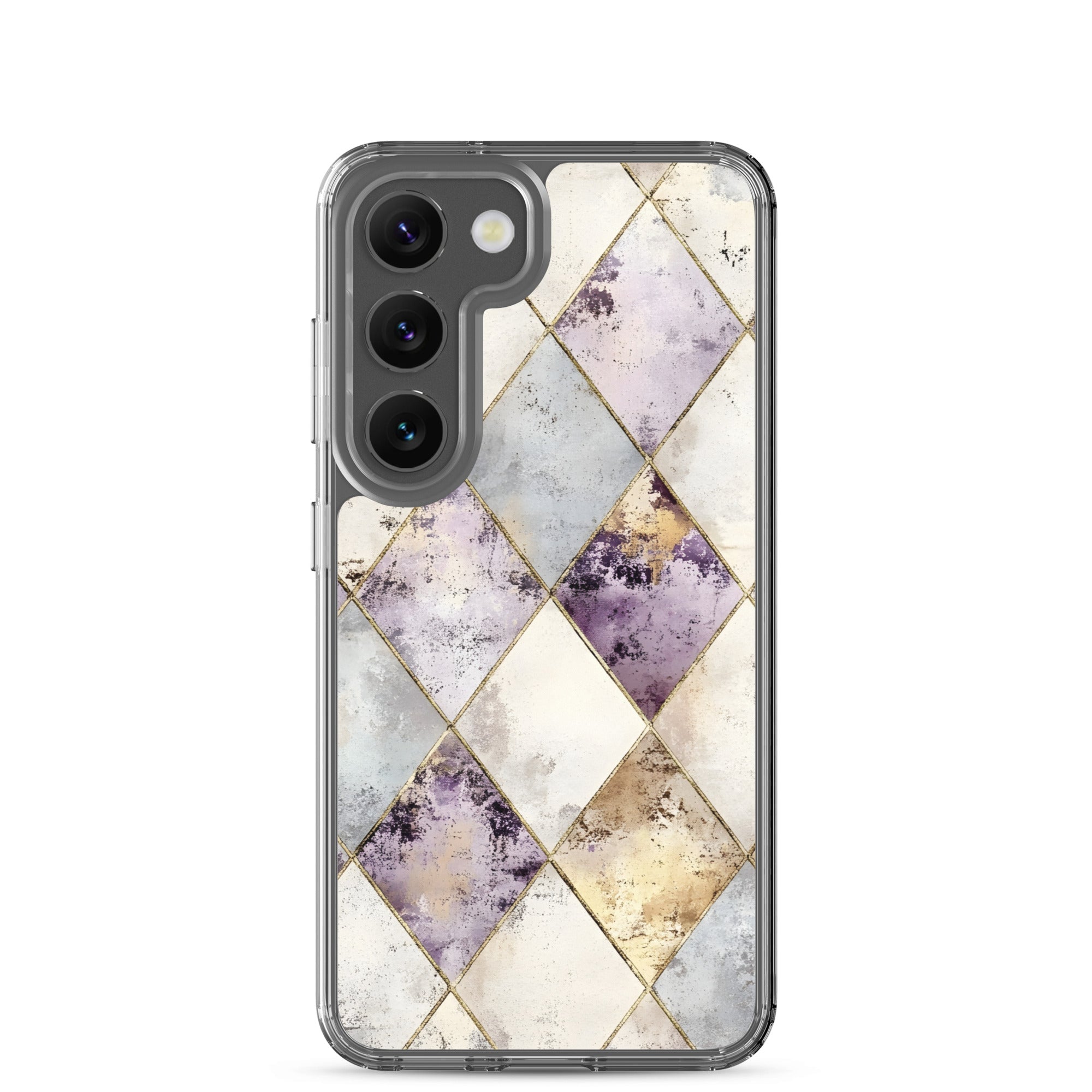 Golden Harlequin Damask Clear Case for Samsung Galaxy S23 – Elegant Geometric Gold Pattern Protective Cover