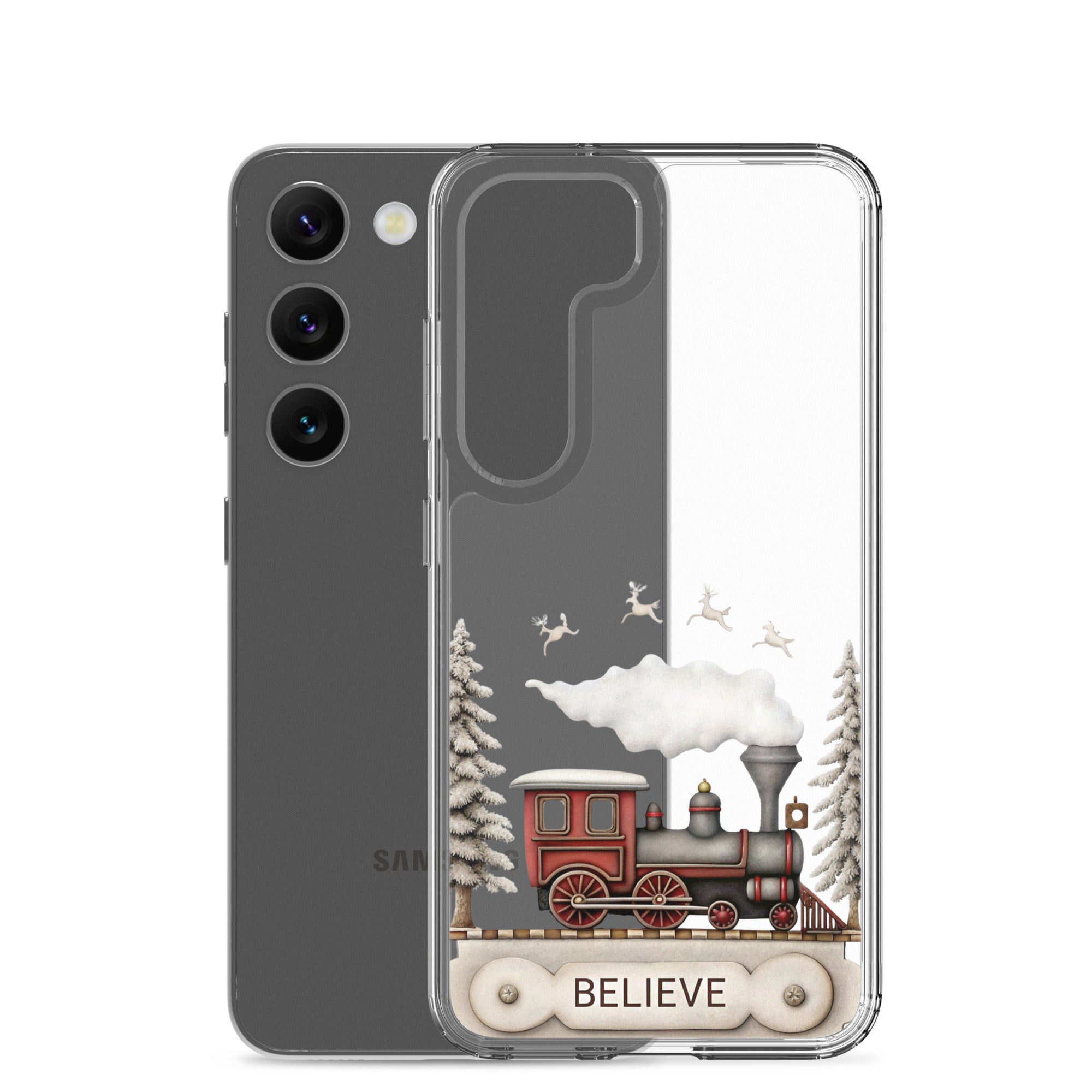 Believe Winter Train Clear Case for Samsung Galaxy S23 – Minimal Christmas Protective Cover