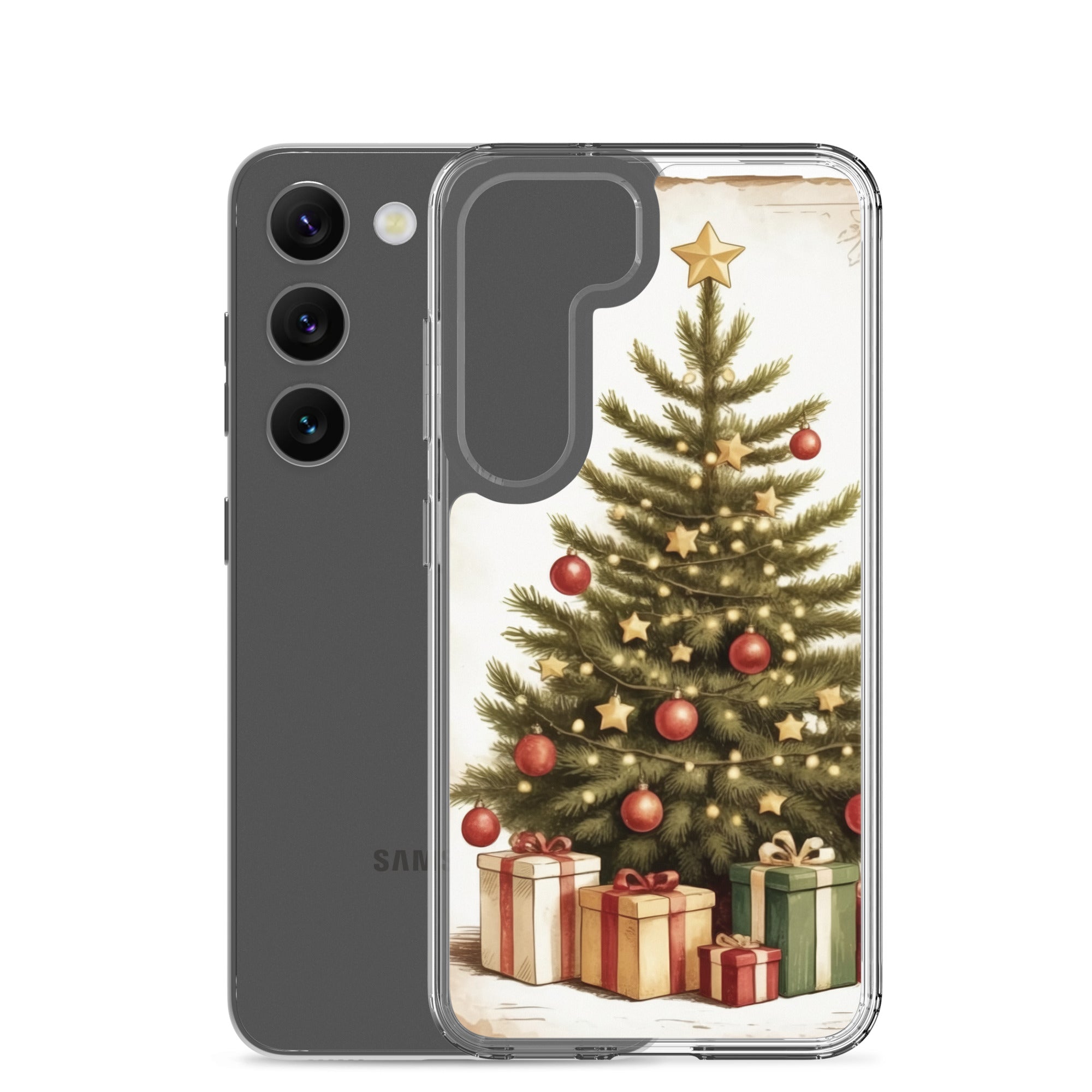 Christmas Tree with Gifts Clear Case for Samsung Galaxy S23 – Festive Holiday Protective Cover
