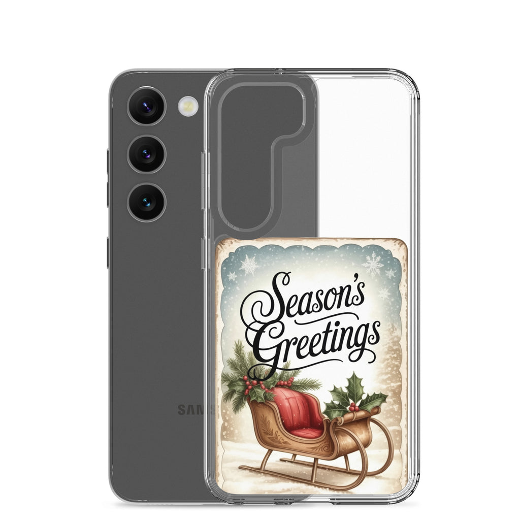 Season’s Greetings Sleigh Clear Case for Samsung Galaxy S23 – Vintage Christmas Protective Cover