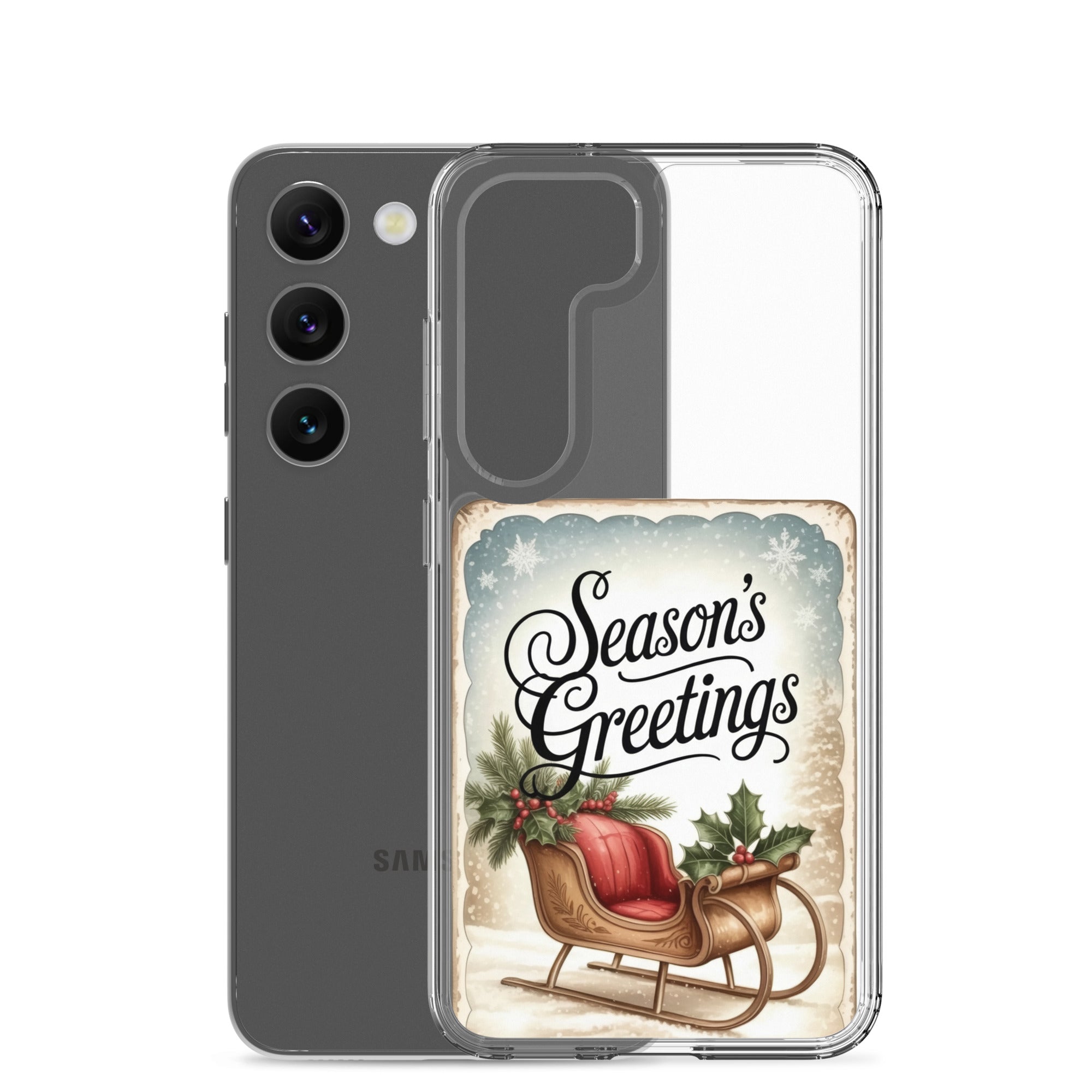 Season’s Greetings Sleigh Clear Case for Samsung Galaxy S23 – Vintage Christmas Protective Cover