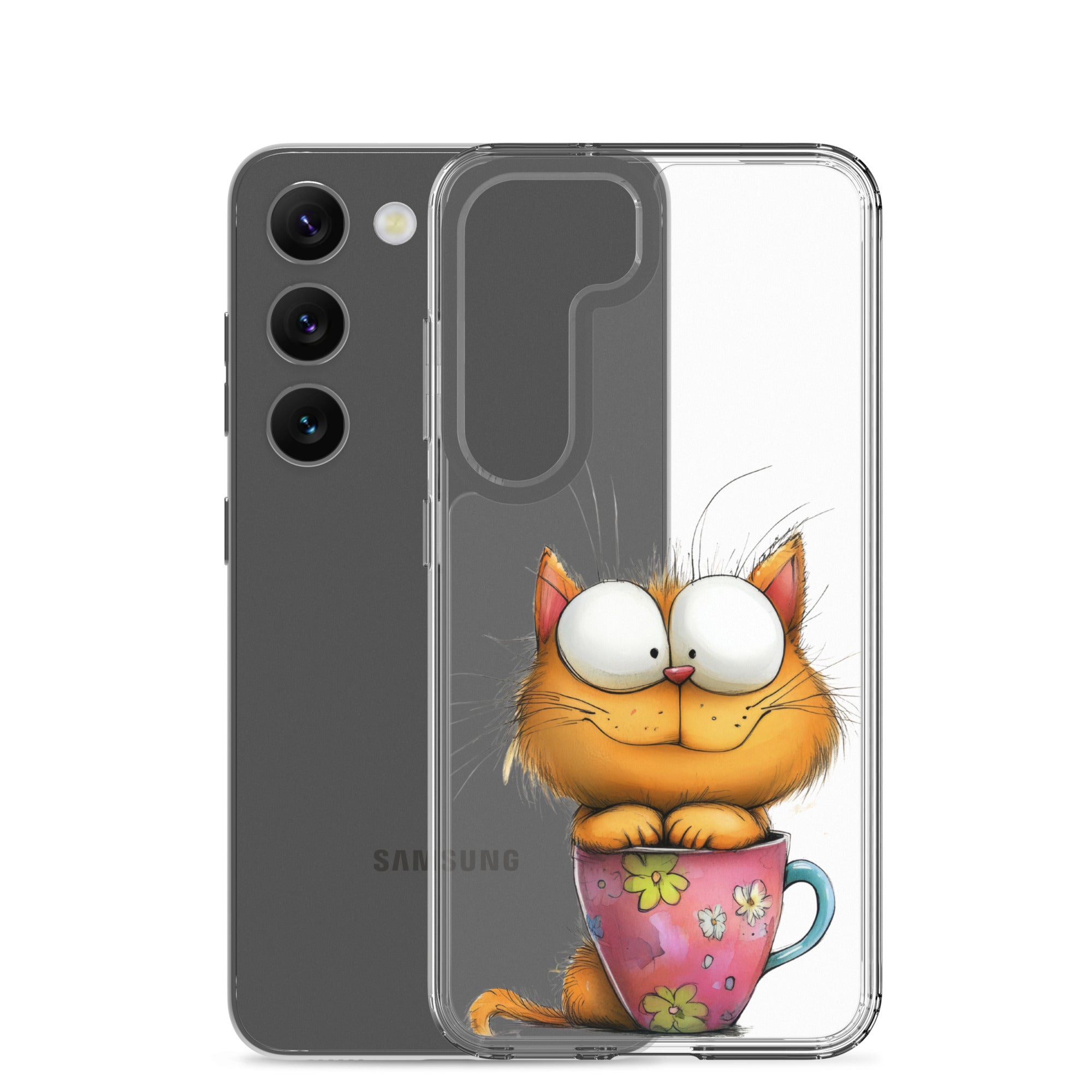 Cute Cat in a Cup Clear Case for Samsung Galaxy S23 – Playful Illustrated Protective Cover
