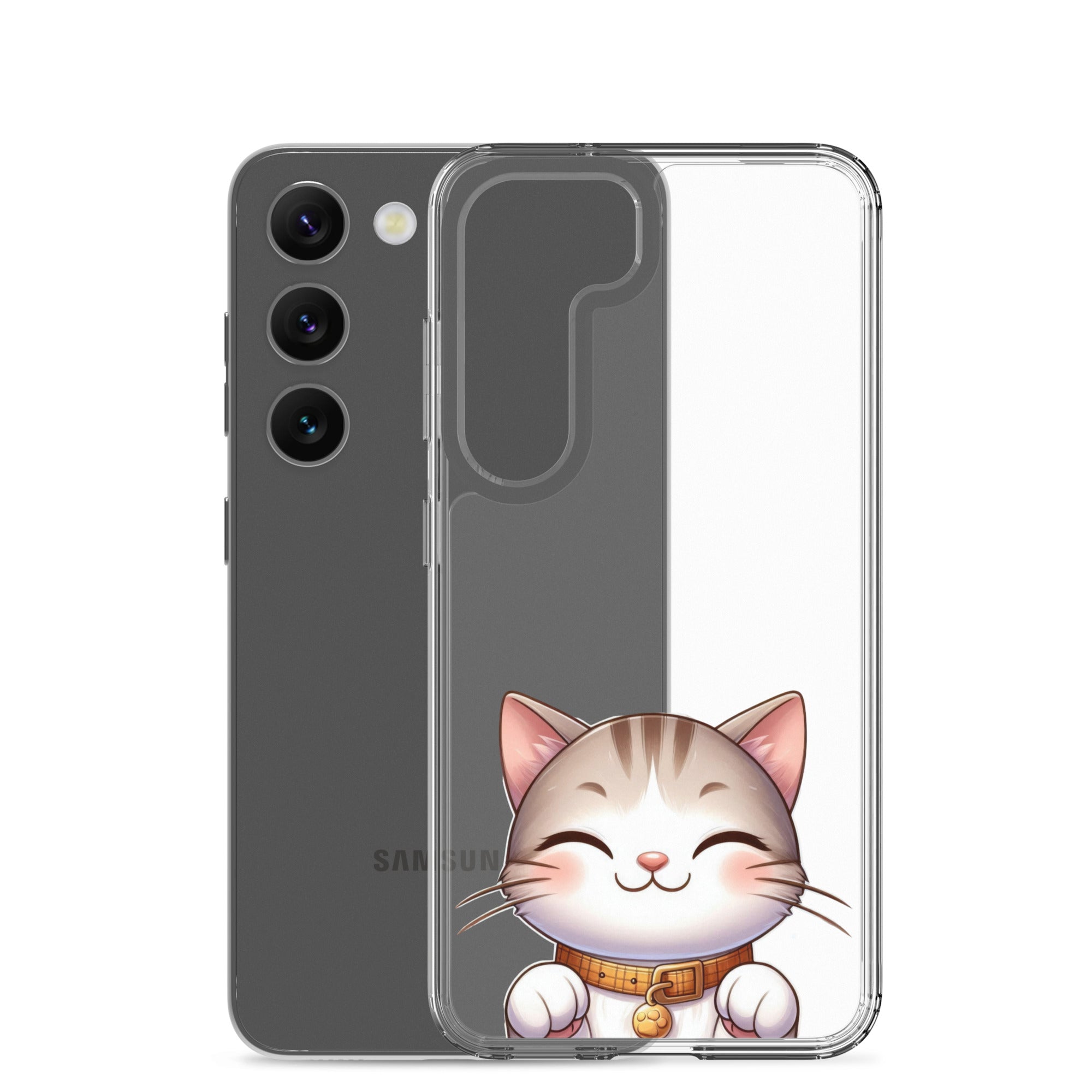 Cute Smiling Cat Clear Case for Samsung Galaxy S23 – Minimal Kawaii Protective Cover