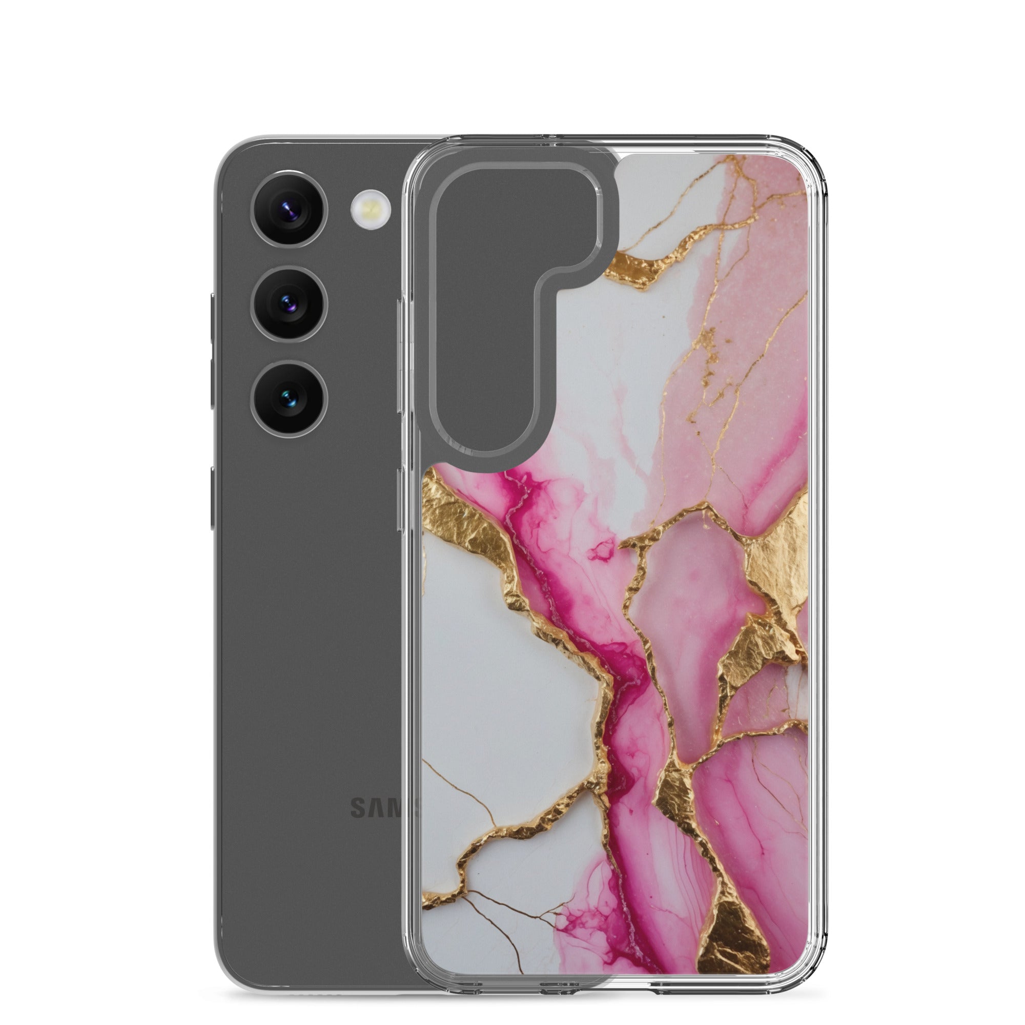 Pink Marble Gold Veins Clear Case for Samsung Galaxy S23 – Elegant Stone Protective Cover