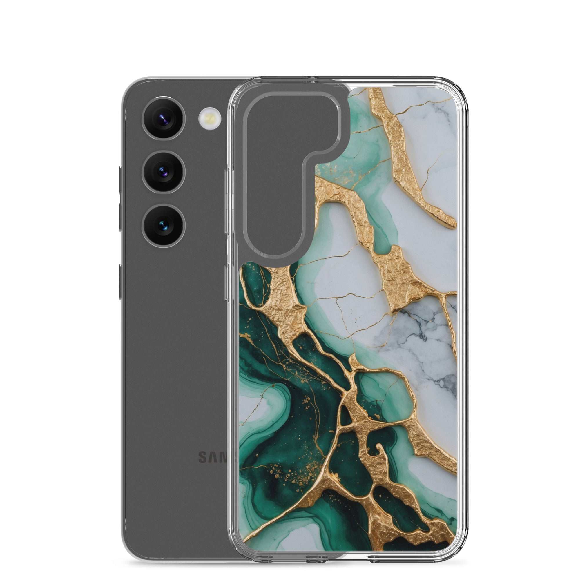 Emerald Green Marble Gold Veins Clear Case for Samsung Galaxy S23 – Luxury Stone Protective Cover