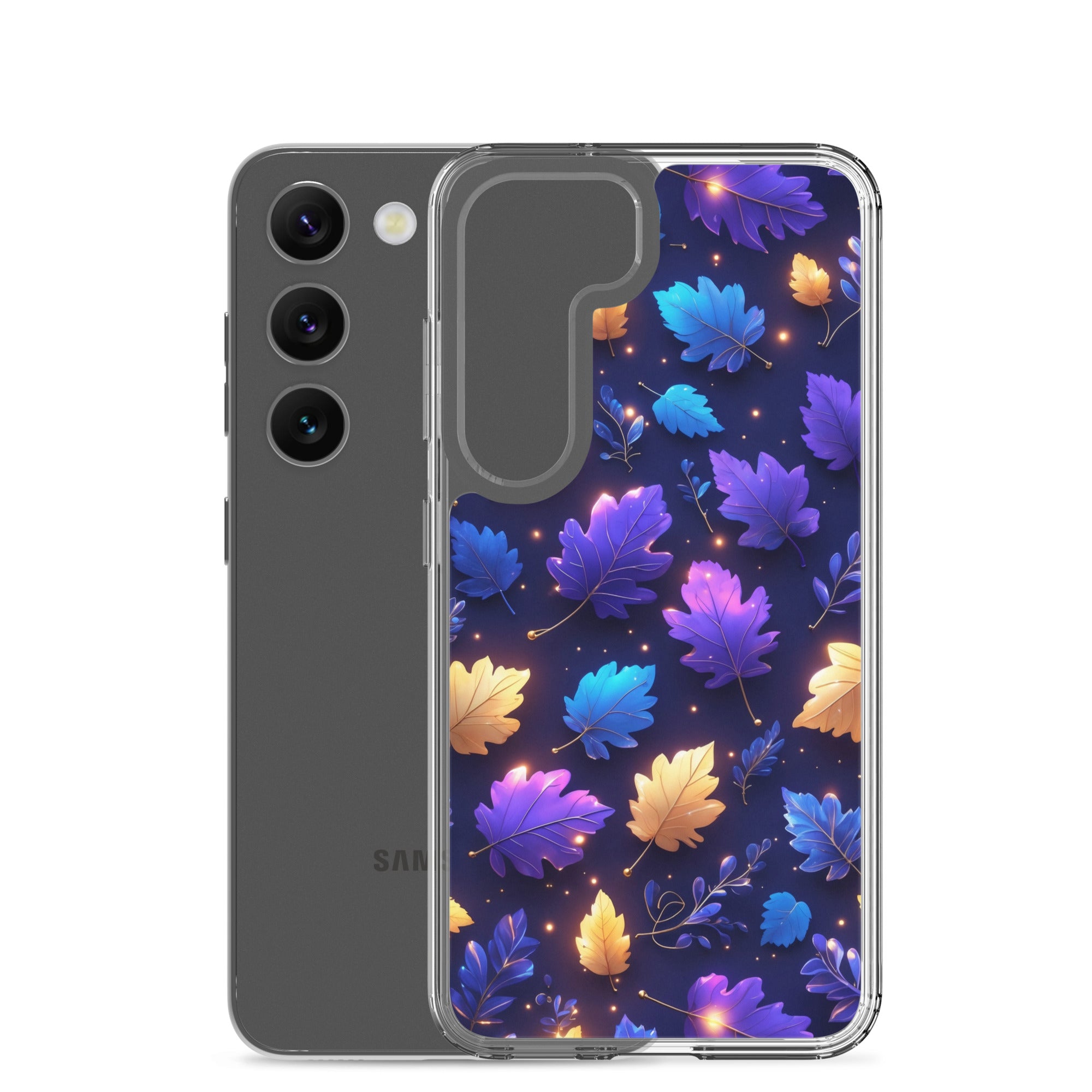 Glowing Autumn Leaves Clear Case for Samsung Galaxy S23 – Colorful Night Nature Protective Cover