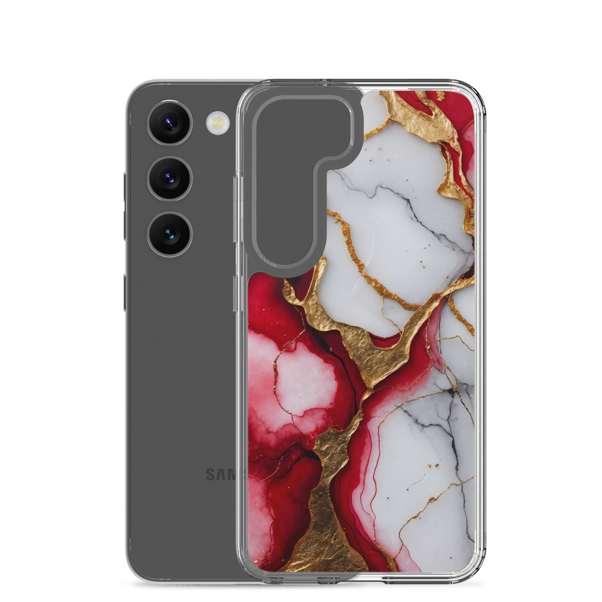 Red Marble Gold Veins Clear Case for Samsung Galaxy S23 – Luxury Abstract Protective Cover