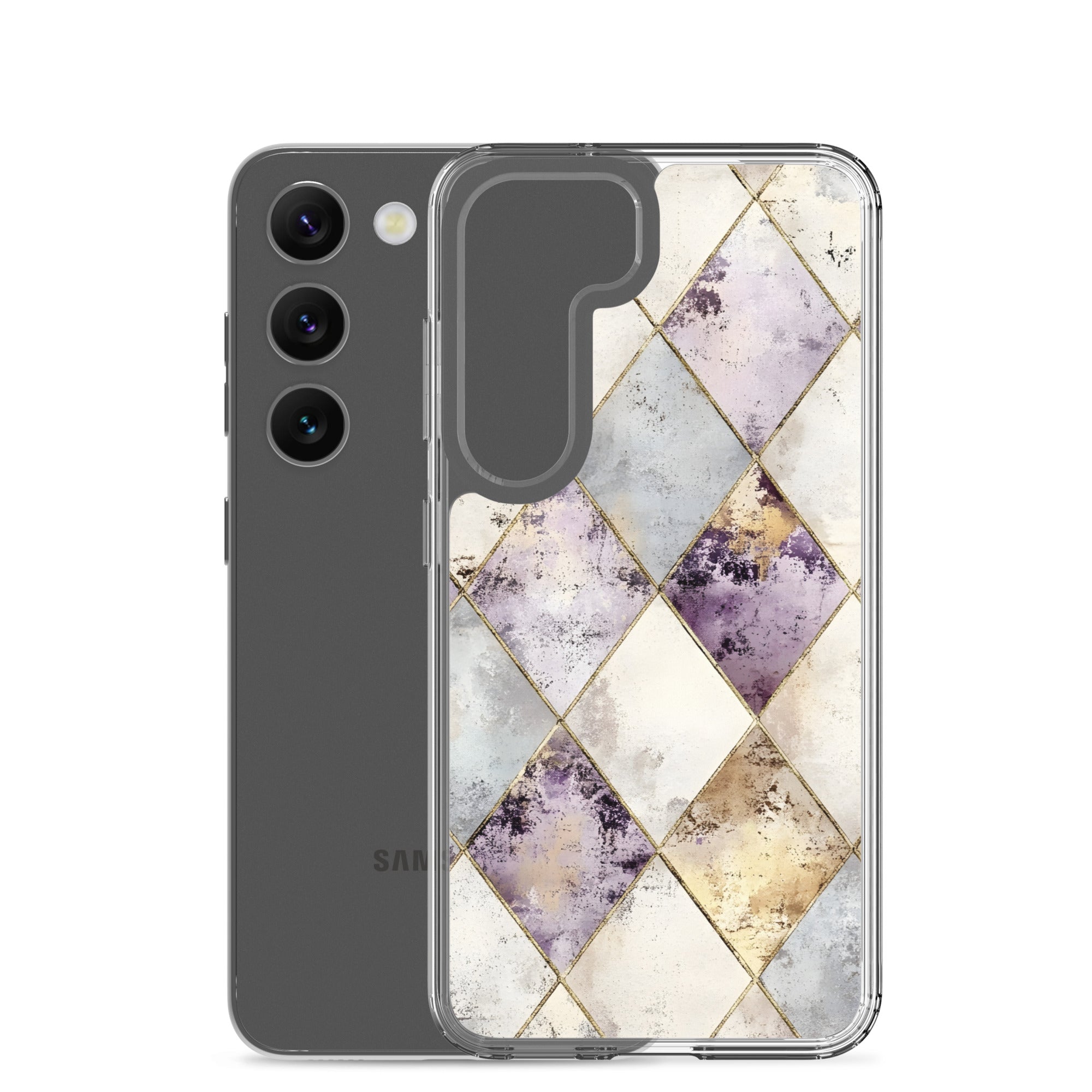 Golden Harlequin Damask Clear Case for Samsung Galaxy S23 – Elegant Geometric Gold Pattern Protective Cover