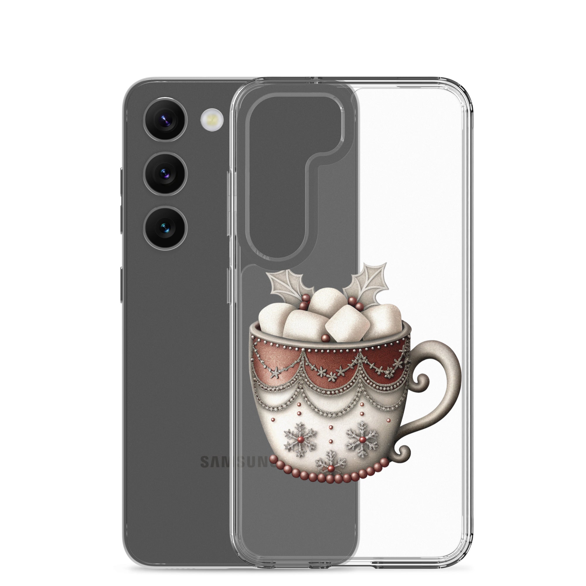 Festive Winter Mug Clear Case for Samsung Galaxy S23 – Cozy Holiday Hot Cocoa Protective Cover