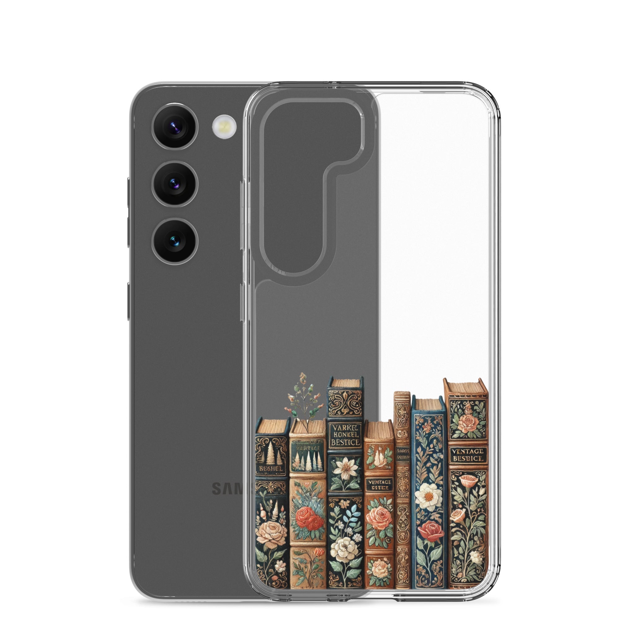 Vintage Floral Books Clear Case for Samsung Galaxy S23 – Elegant Library-Inspired Protective Cover