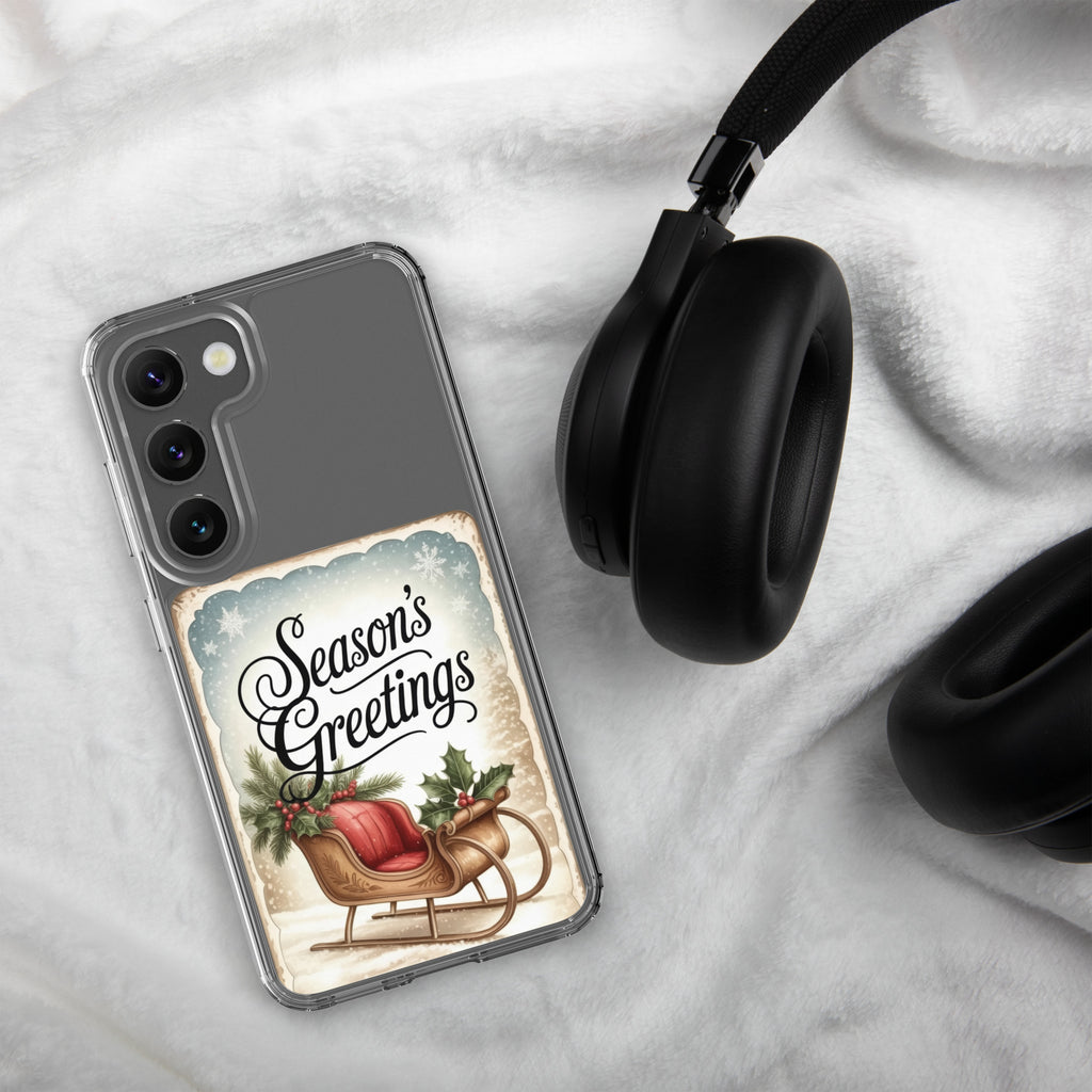 Season’s Greetings Sleigh Clear Case for Samsung Galaxy S23 – Vintage Christmas Protective Cover