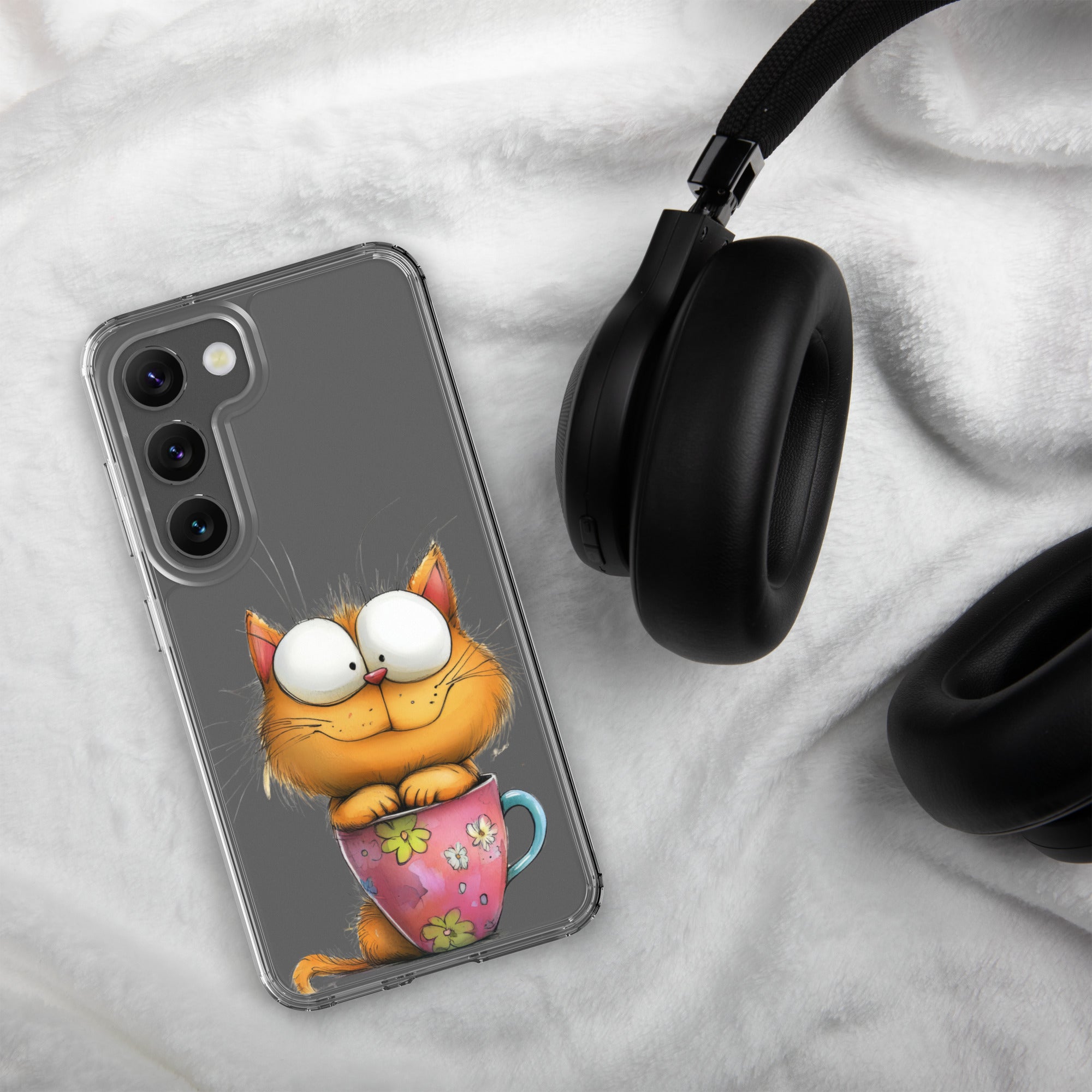 Cute Cat in a Cup Clear Case for Samsung Galaxy S23 – Playful Illustrated Protective Cover
