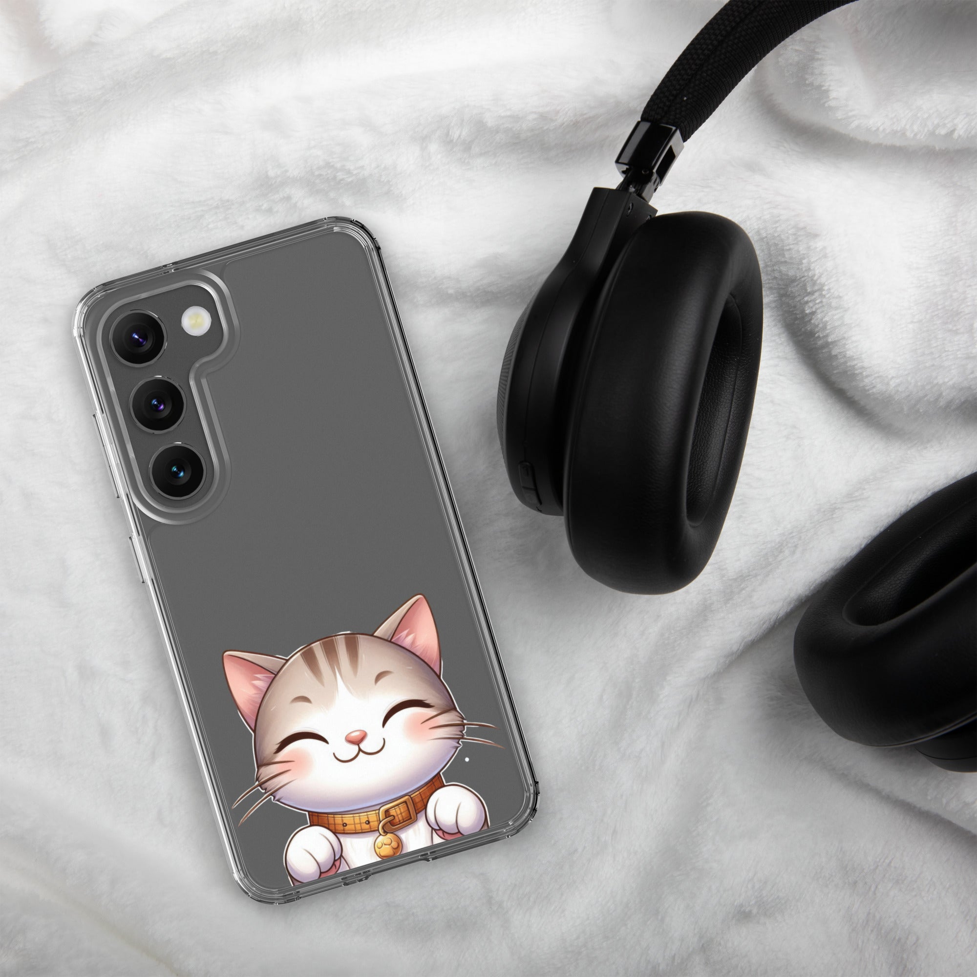 Cute Smiling Cat Clear Case for Samsung Galaxy S23 – Minimal Kawaii Protective Cover