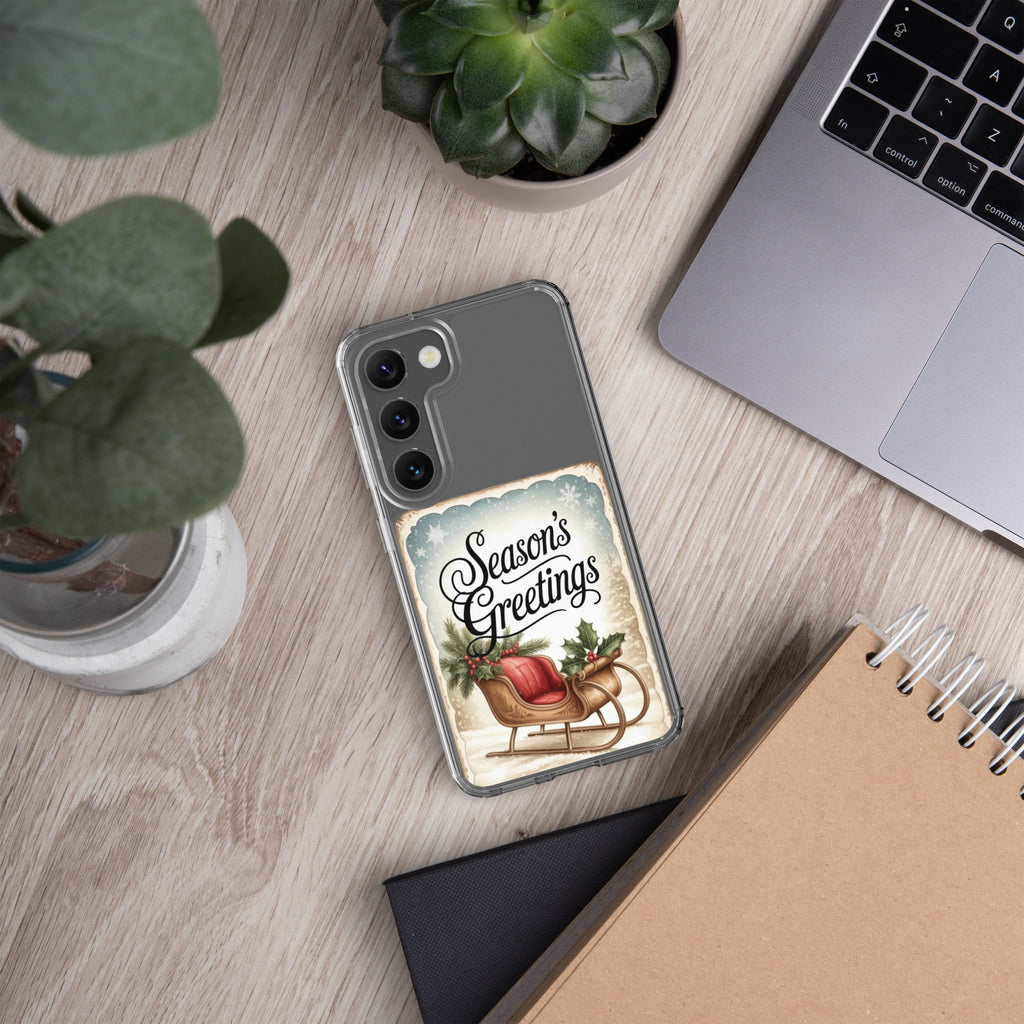 Season’s Greetings Sleigh Clear Case for Samsung Galaxy S23 – Vintage Christmas Protective Cover