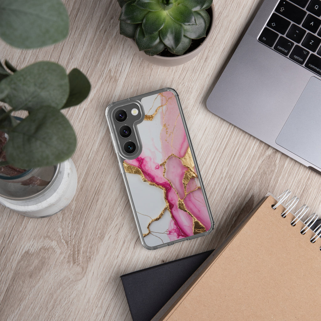 Pink Marble Gold Veins Clear Case for Samsung Galaxy S23 – Elegant Stone Protective Cover