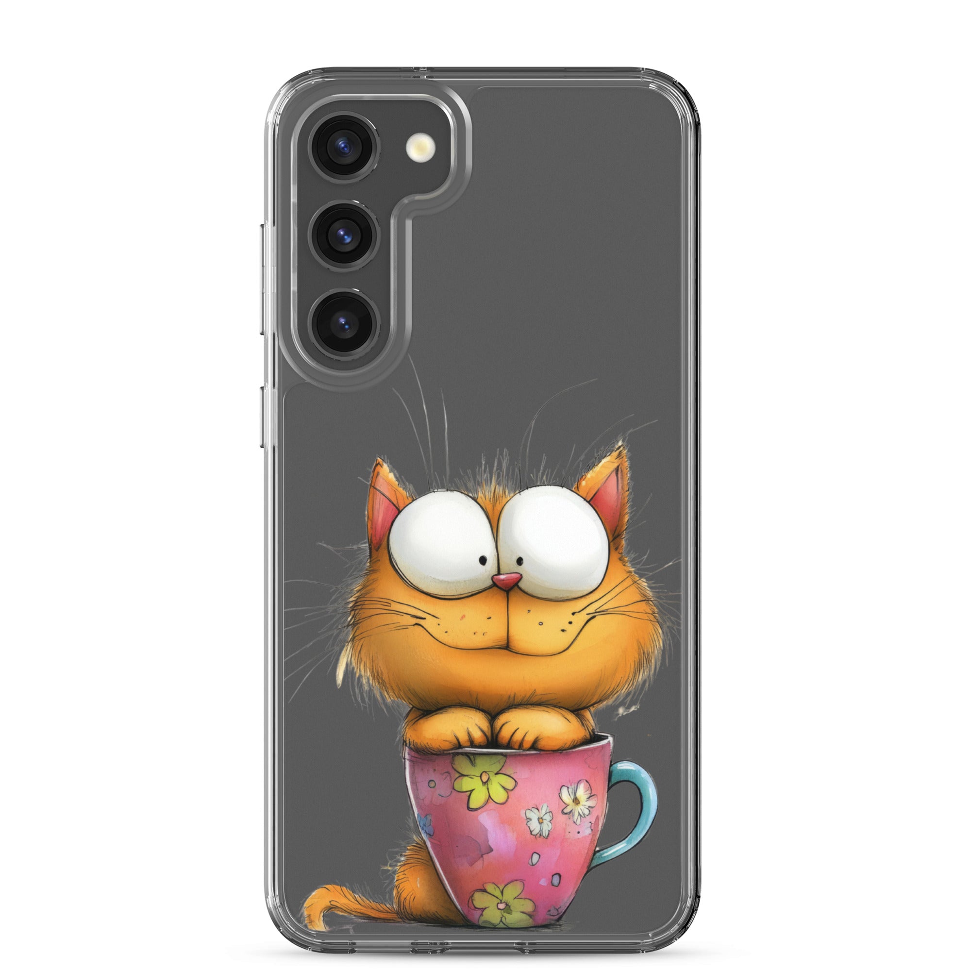 Cute Cat in a Cup Clear Case for Samsung Galaxy S23 Plus – Playful Illustrated Protective Cover