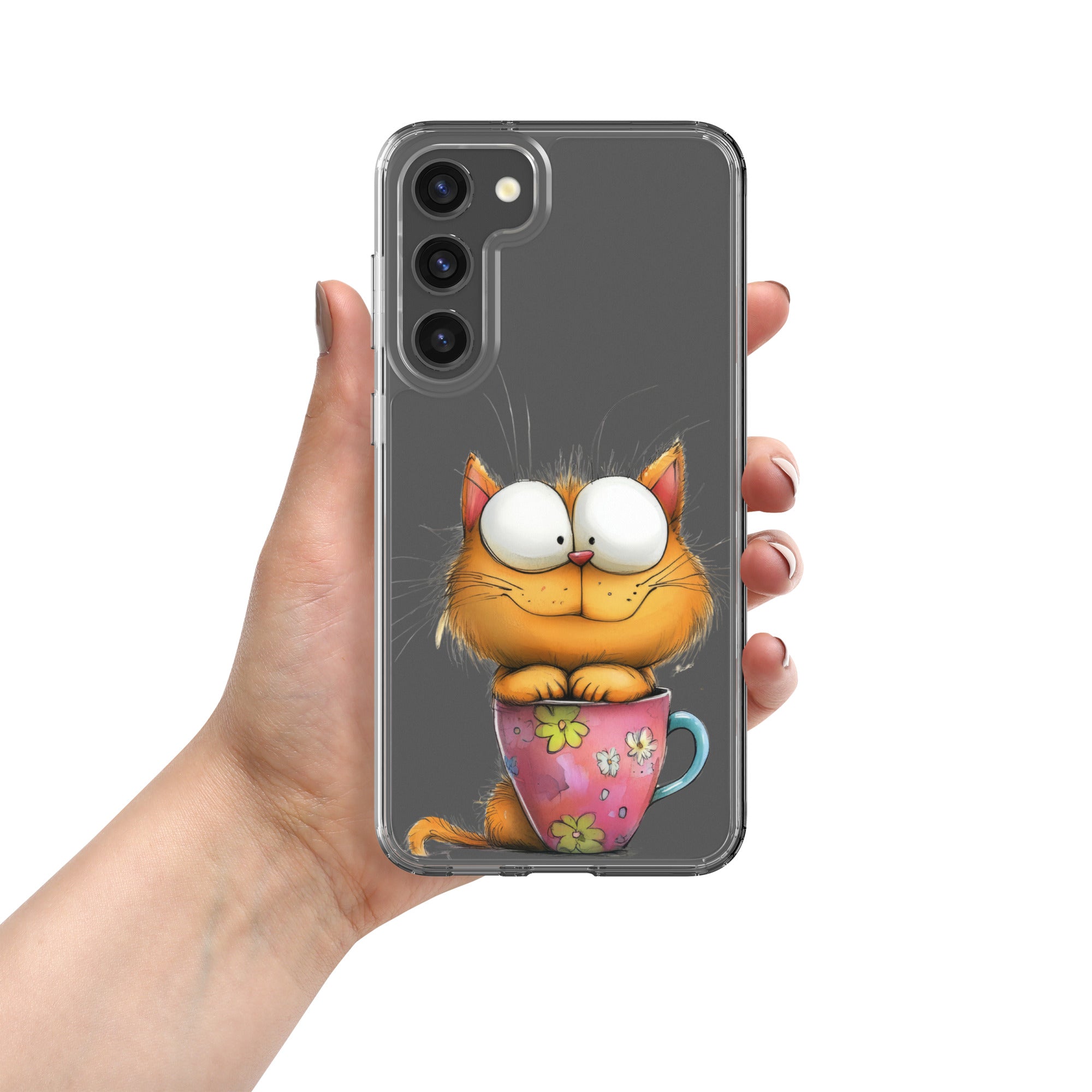 Cute Cat in a Cup Clear Case for Samsung Galaxy S23 Plus – Playful Illustrated Protective Cover