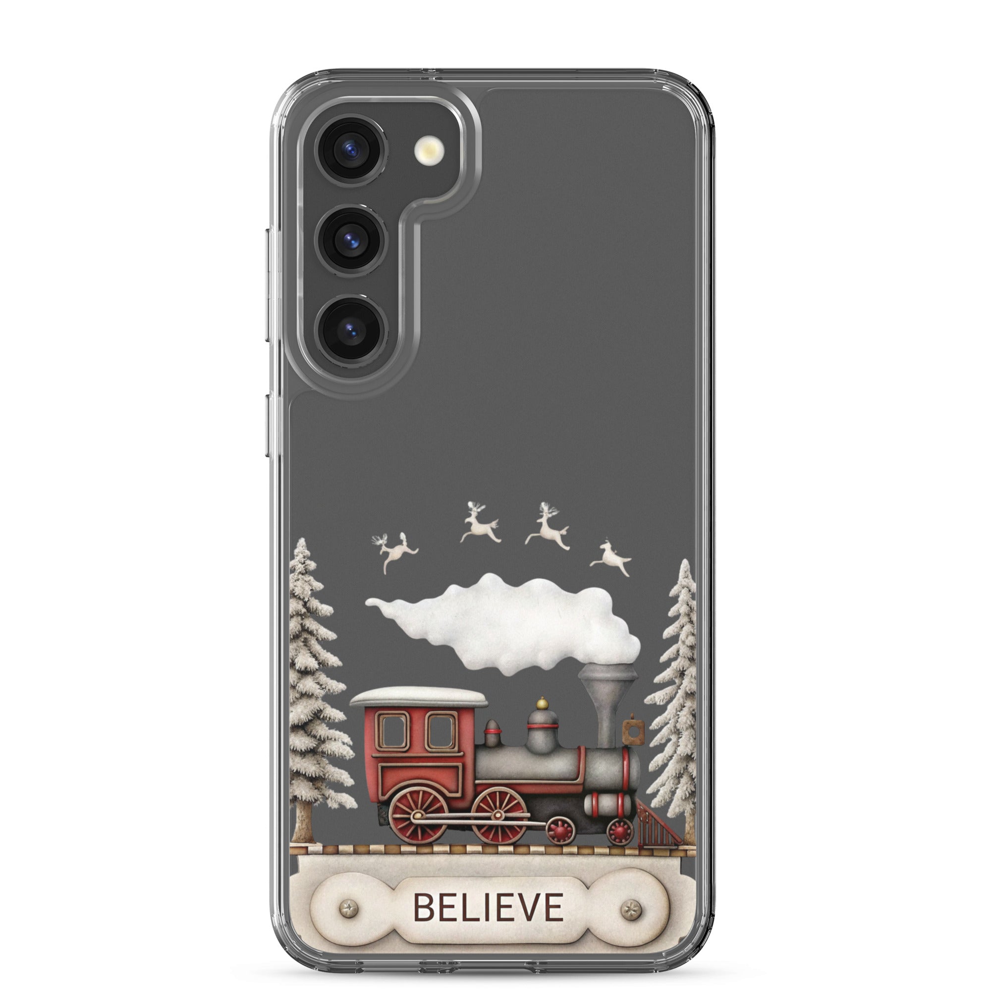 Believe Winter Train Clear Case for Samsung Galaxy S23 Plus – Minimal Christmas Protective Cover