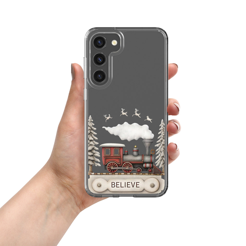 Believe Winter Train Clear Case for Samsung Galaxy S23 Plus – Minimal Christmas Protective Cover