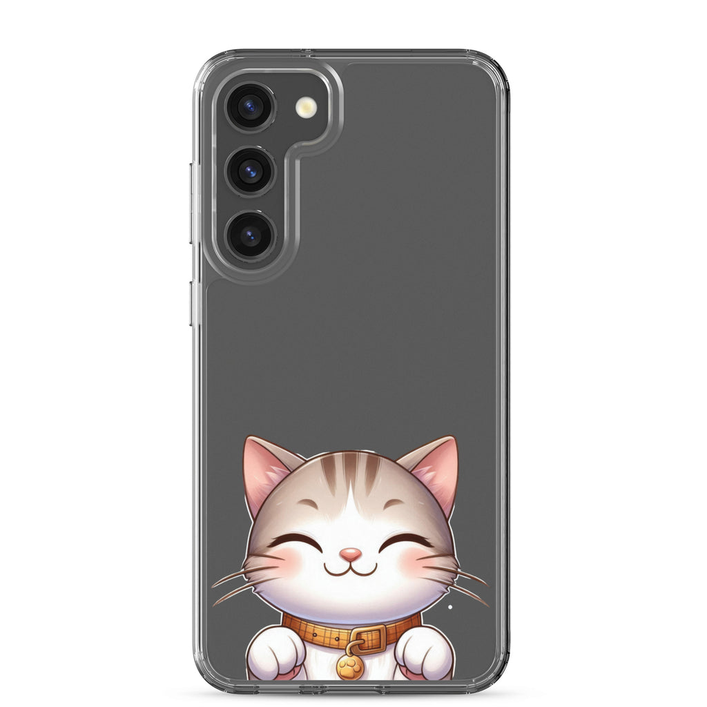 Cute Smiling Cat Clear Case for Samsung Galaxy S23 Plus – Minimal Kawaii Protective Cover