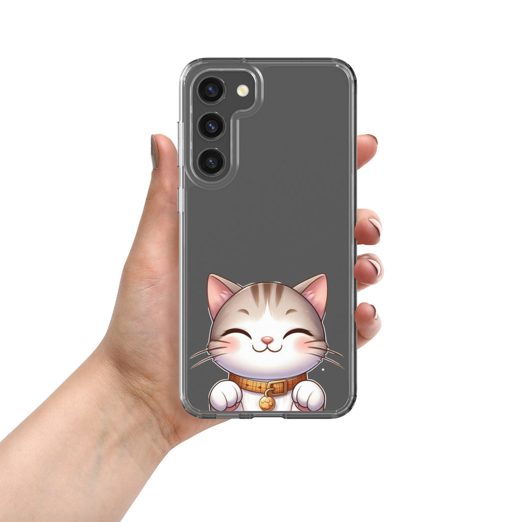 Cute Smiling Cat Clear Case for Samsung Galaxy S23 Plus – Minimal Kawaii Protective Cover