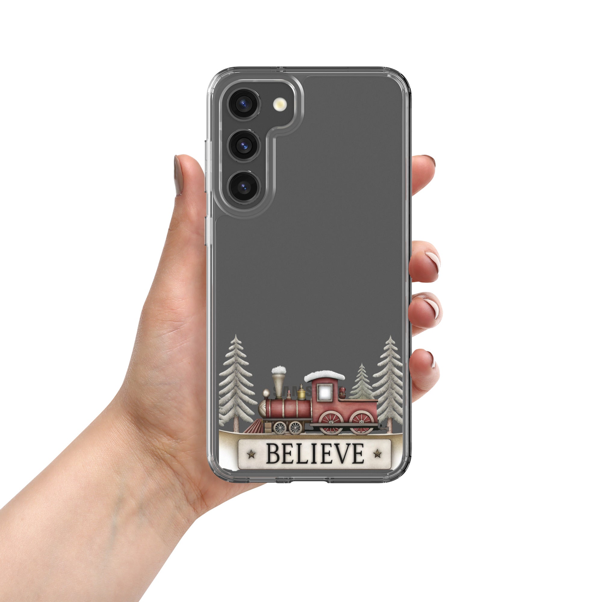 Believe Christmas Train Clear Case for Samsung Galaxy S23 Plus – Festive Holiday Protective Cover