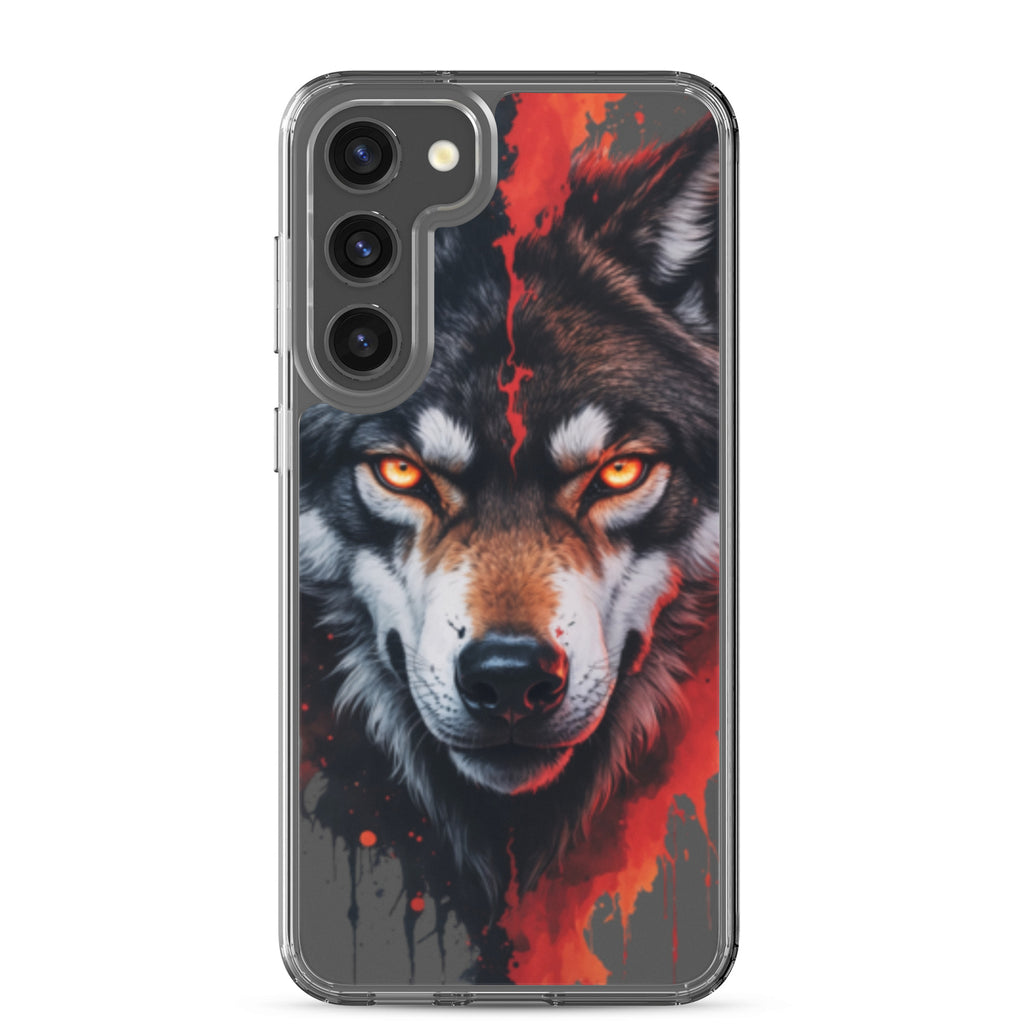 Fierce Wolf Portrait Clear Case for Samsung Galaxy S23 Plus – Dark Animal Art Protective Cover