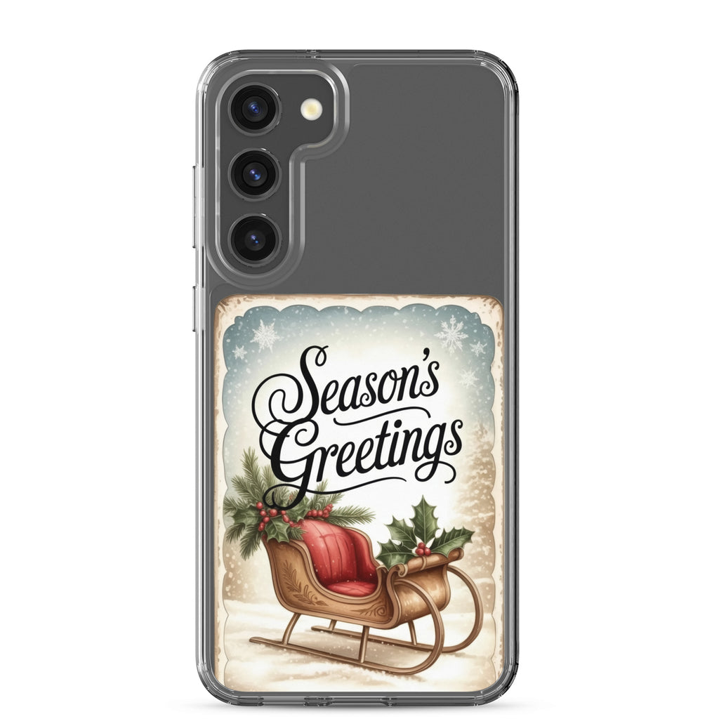 Season’s Greetings Sleigh Clear Case for Samsung Galaxy S23 Plus – Vintage Christmas Protective Cover