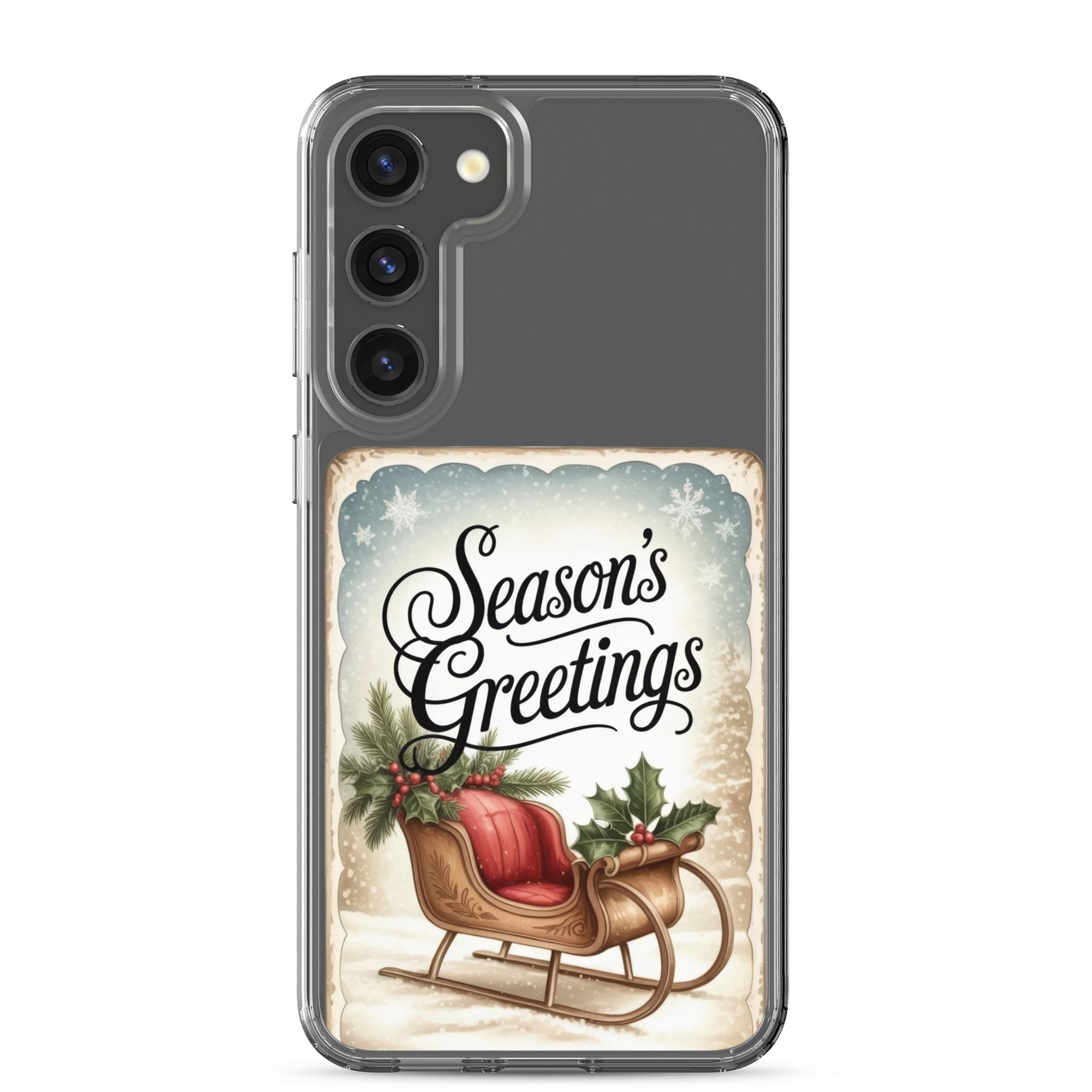 Season’s Greetings Sleigh Clear Case for Samsung Galaxy S23 Plus – Vintage Christmas Protective Cover