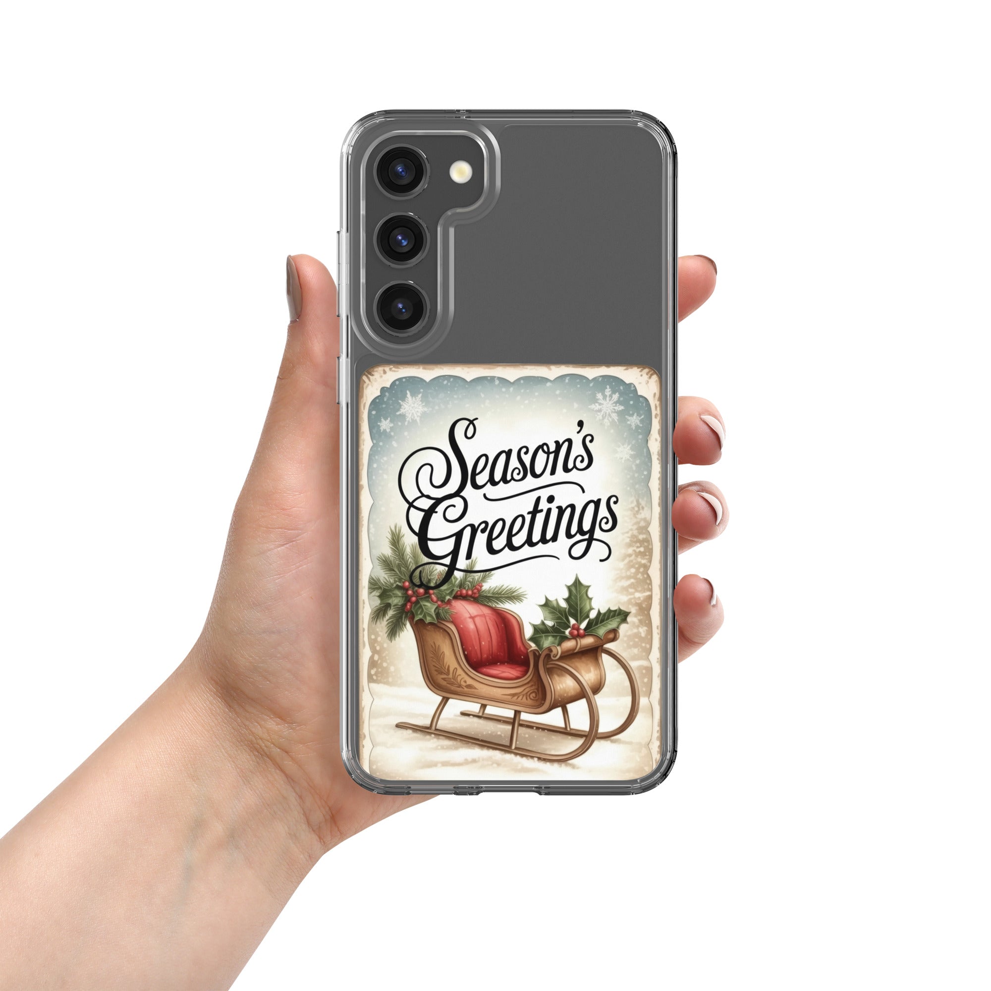 Season’s Greetings Sleigh Clear Case for Samsung Galaxy S23 Plus – Vintage Christmas Protective Cover