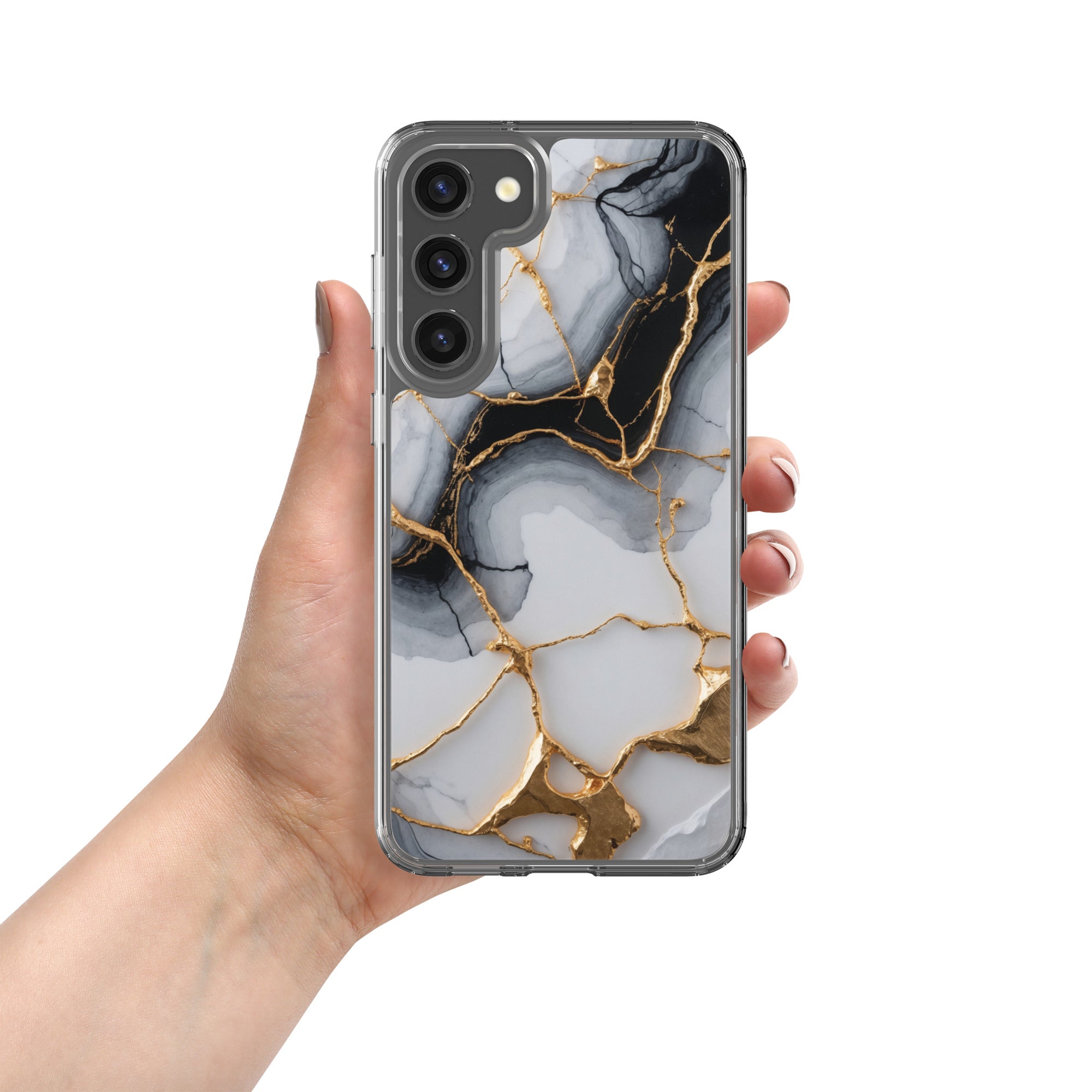 Black & White Marble Gold Clear Case for Samsung Galaxy S23 Plus – Elegant Marble Protective Cover