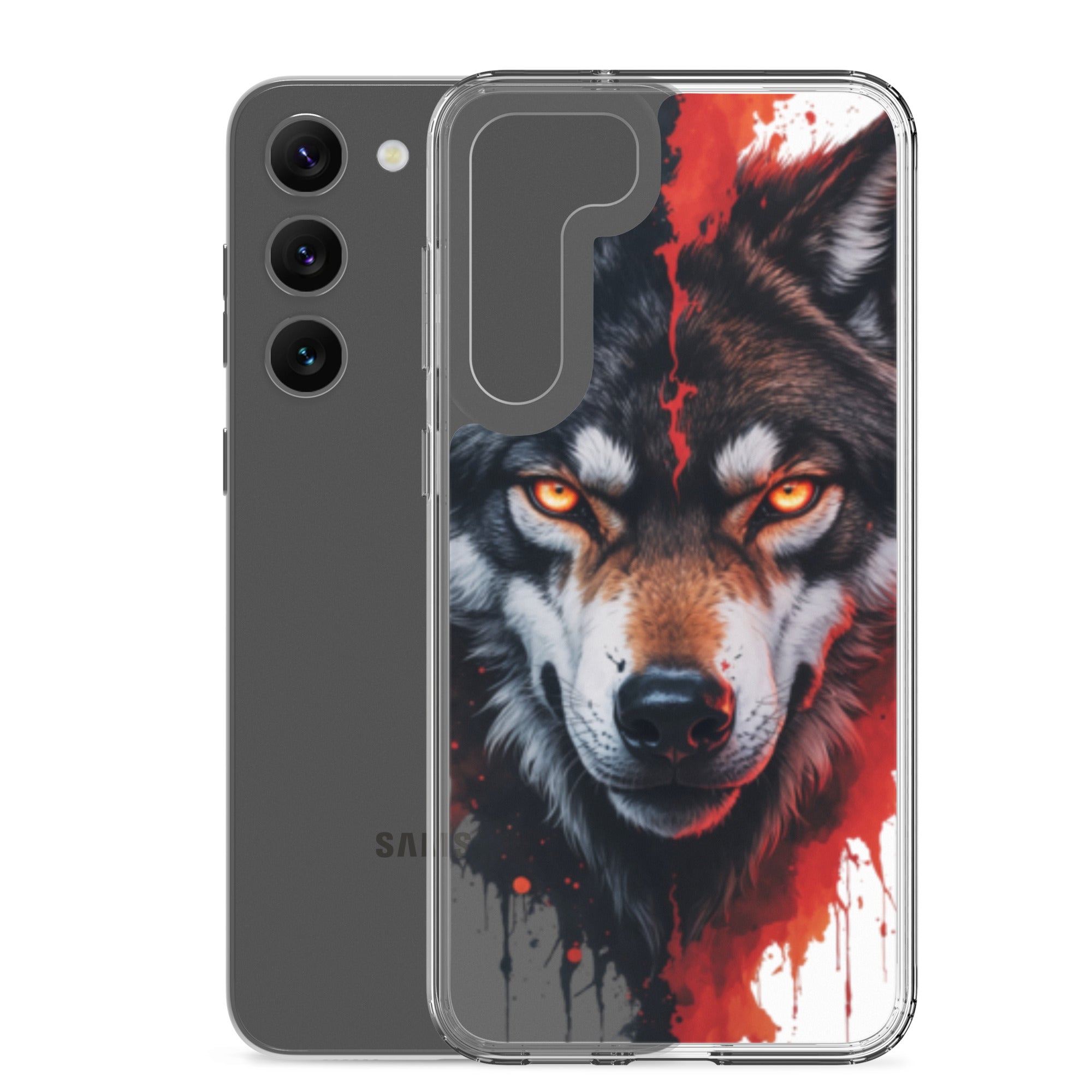 Fierce Wolf Portrait Clear Case for Samsung Galaxy S23 Plus – Dark Animal Art Protective Cover