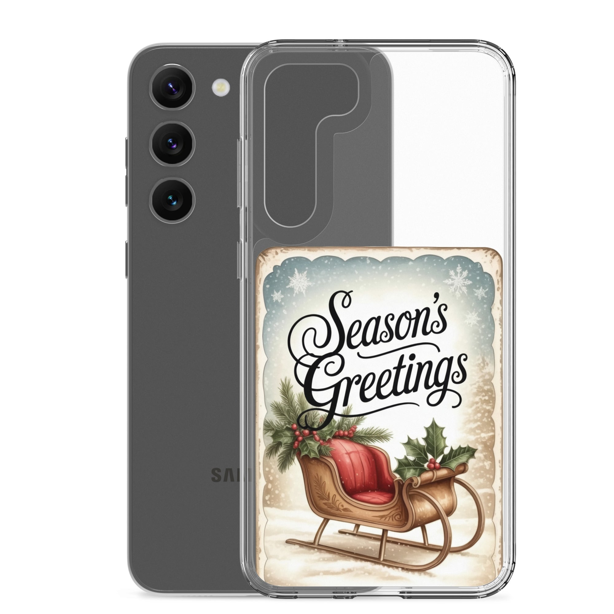 Season’s Greetings Sleigh Clear Case for Samsung Galaxy S23 Plus – Vintage Christmas Protective Cover