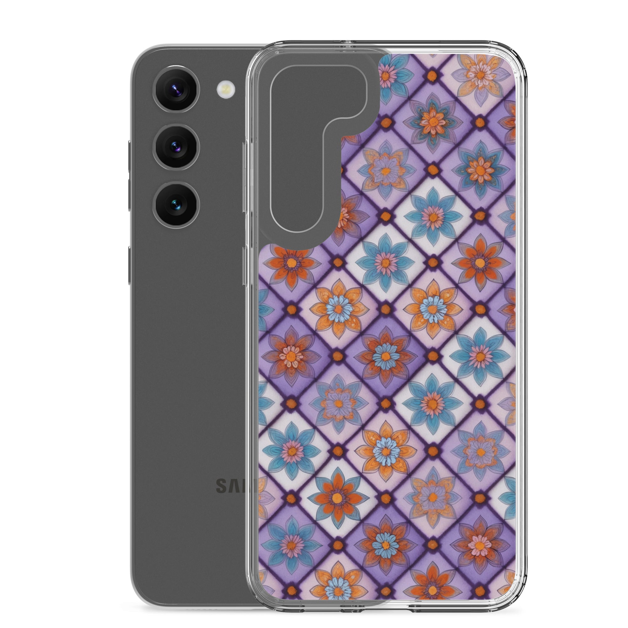 Geometric Floral Pattern Clear Case for Samsung Galaxy S23 Plus – Colorful Mosaic Protective Cover