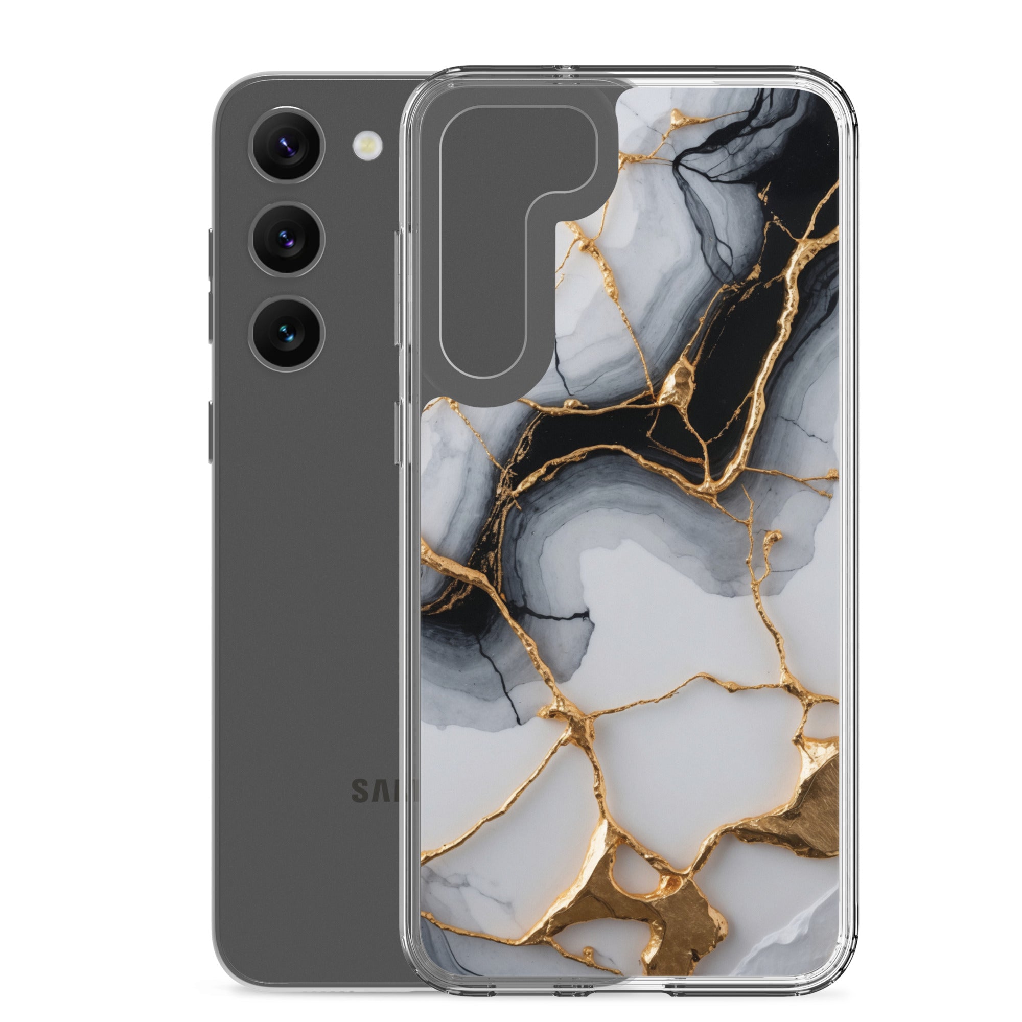 Black & White Marble Gold Clear Case for Samsung Galaxy S23 Plus – Elegant Marble Protective Cover